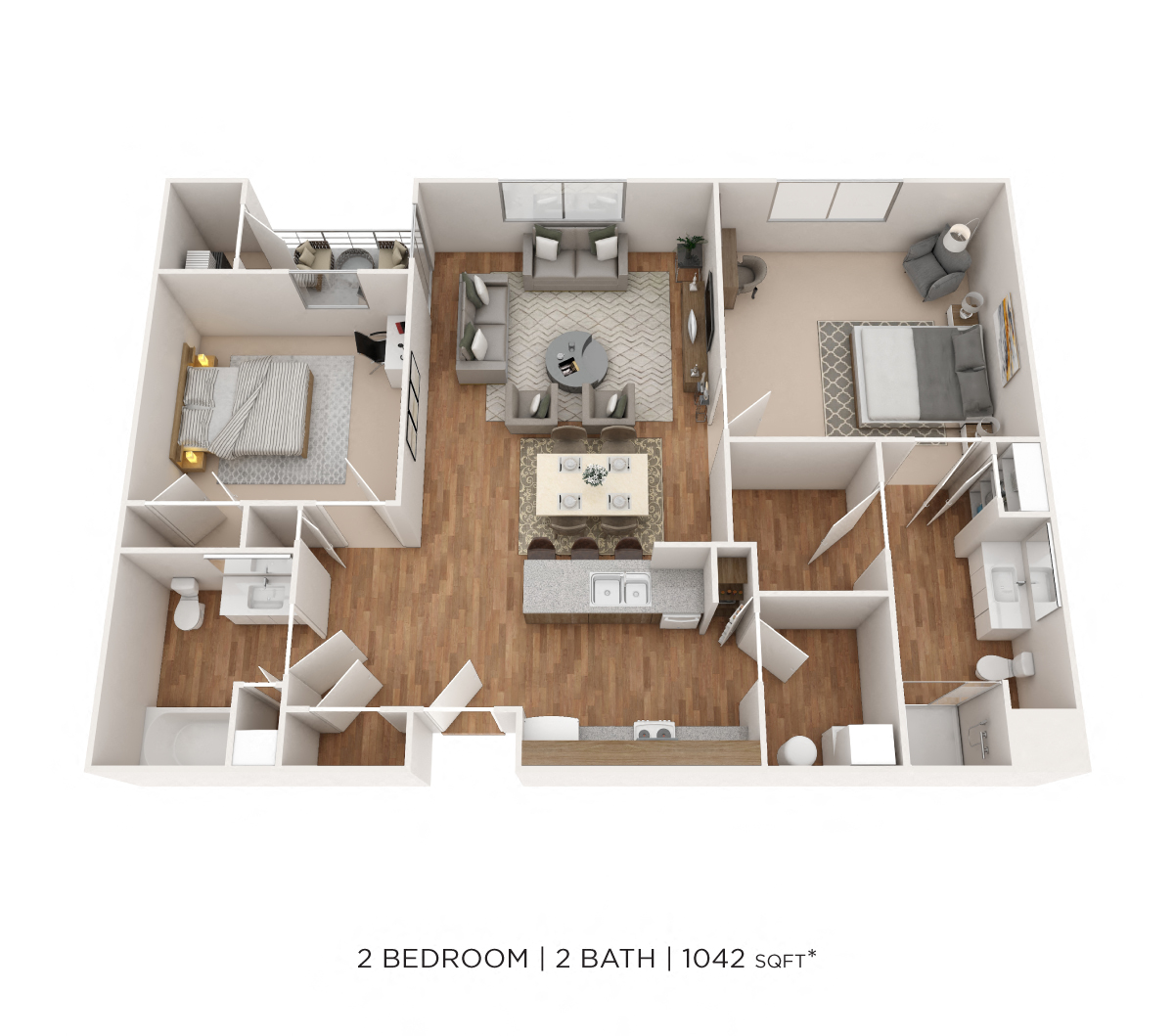 Floor plan for 2 beds, 2 baths, 1042 sqft