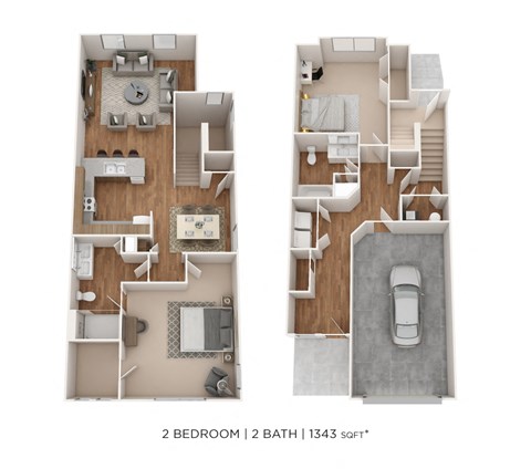 Floor plan for 2 beds, 2 baths, 1343 sqft