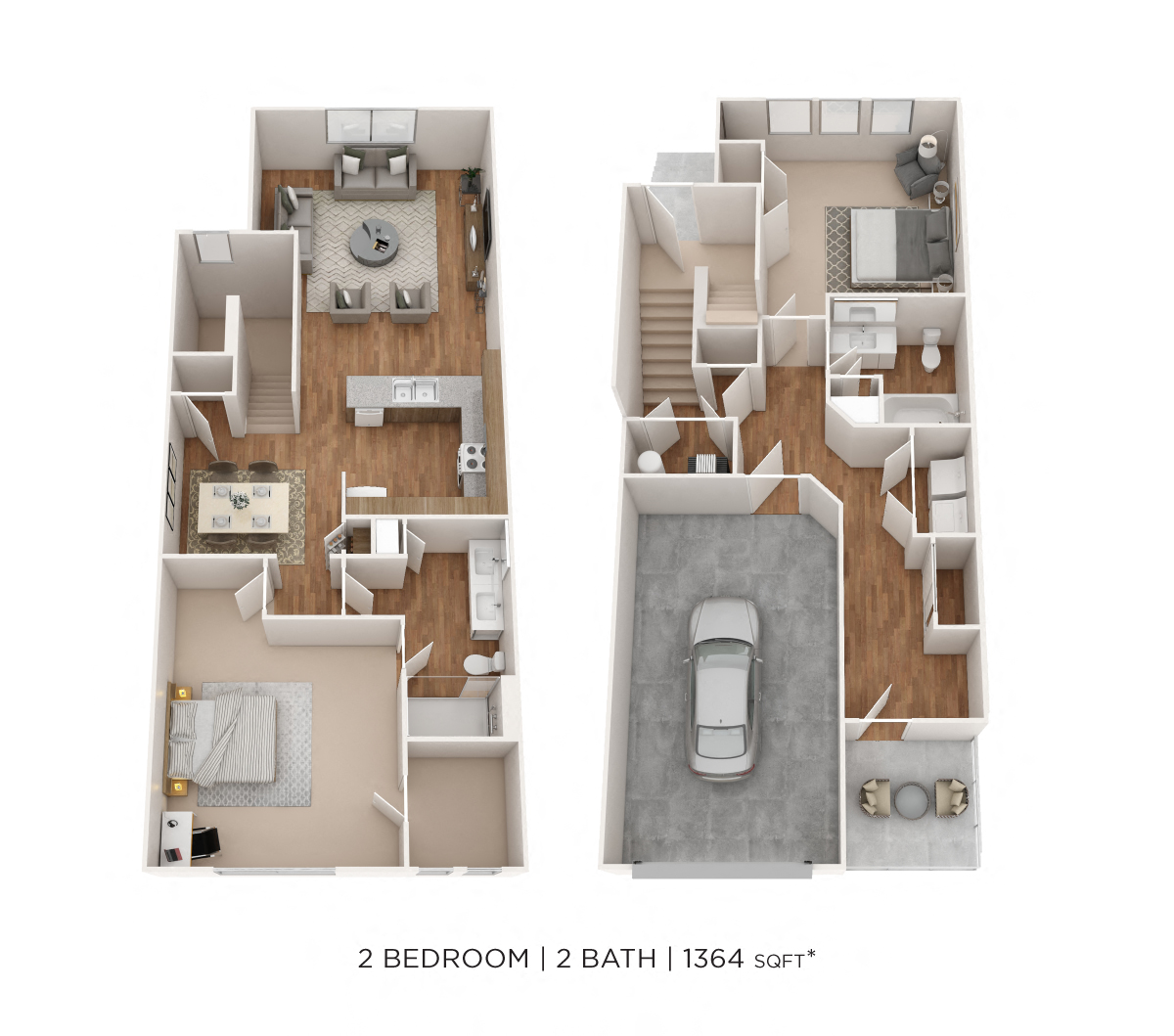 Floor plan for 2 beds, 2 baths, 1364 sqft