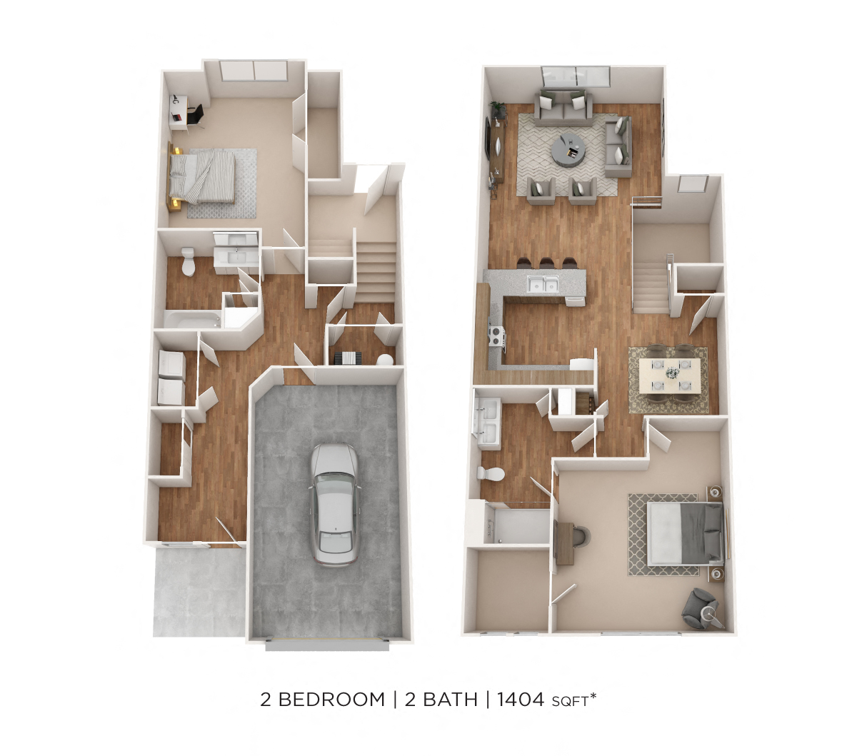 Floor plan for 2 beds, 2 baths, 1404 sqft