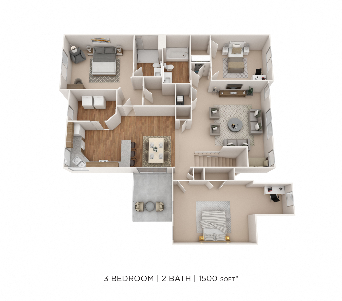 Floor plan for 3 beds, 2 baths, 1500 sqft