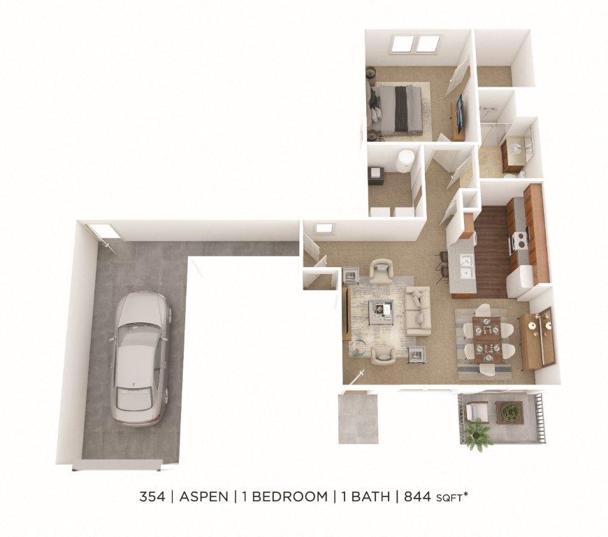 Floor plan for 1 bed, 1 bath, 844 sqft