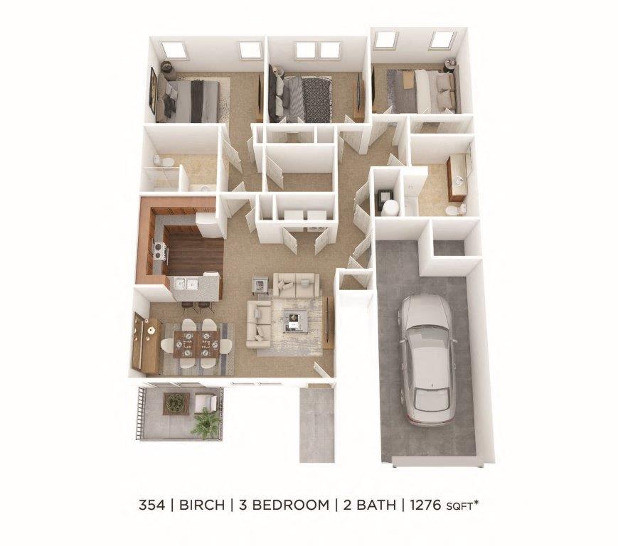 Floor plan for 3 beds, 2 baths, 1276 sqft