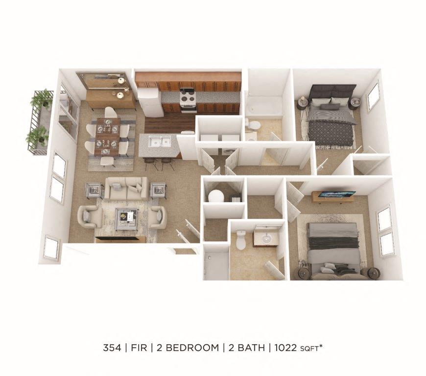 Floor plan for 2 beds, 2 baths, 1022 sqft