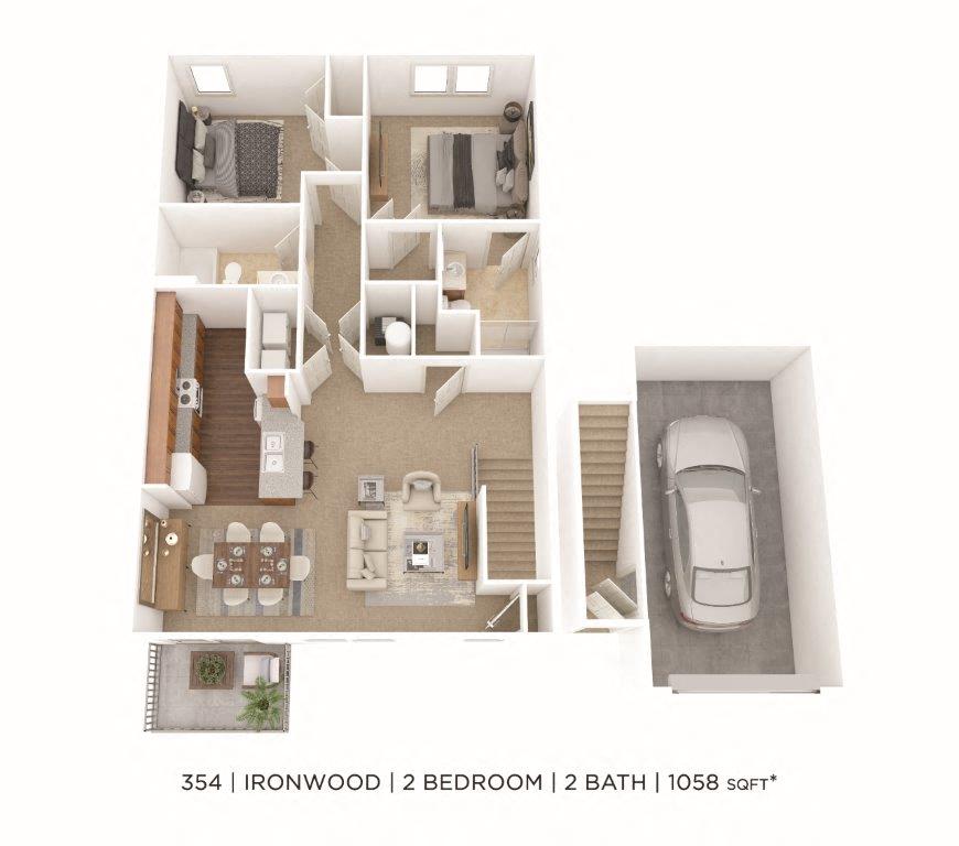 Floor plan for 2 beds, 2 baths, 1058 sqft