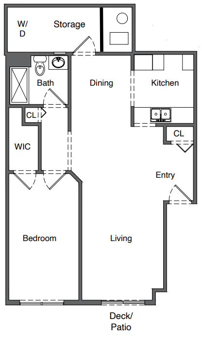Floor plan for 1 bed, 1 bath, 877 sqft