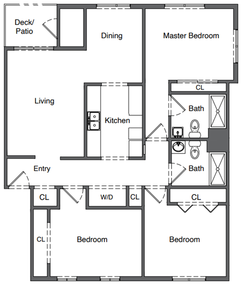 Floor plan for 3 beds, 2 baths, 1177 sqft