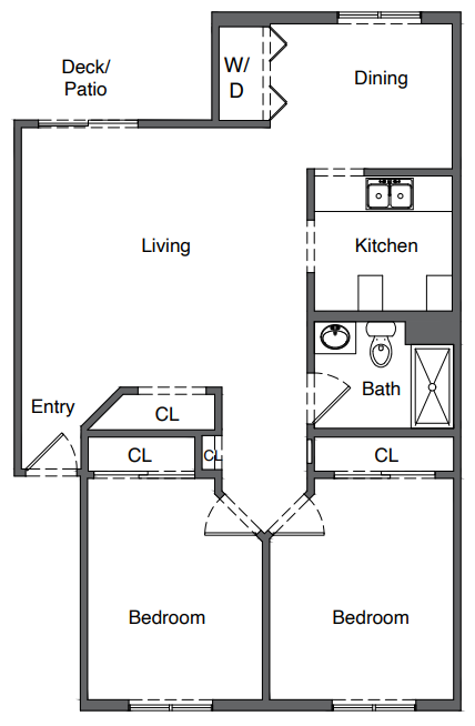 Floor plan for 2 beds, 1 bath, 877 sqft