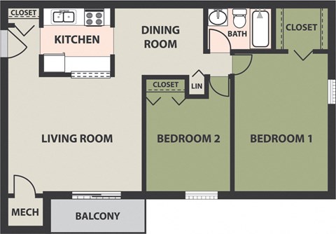Floor plan for 2 beds, 1 bath, 937 sqft