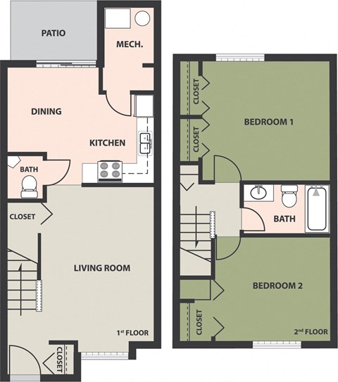 Floor plan for 2 beds, 1.5 baths, 1086 sqft