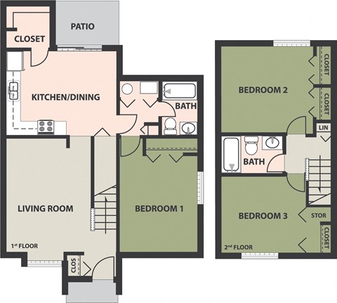 Floor plan for 3 beds, 2 baths, 1206 sqft