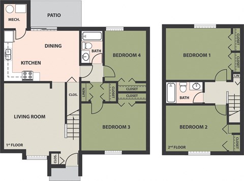 Floor plan for 4 beds, 2 baths, 1500 sqft