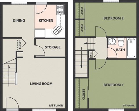 Floor plan for 2 beds, 1 bath, 870 sqft