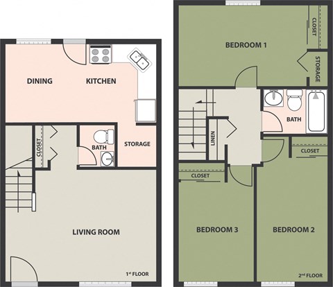 Floor plan for 3 beds, 1.5 baths, 1069 sqft