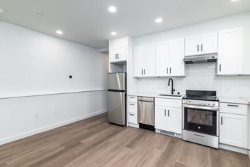 San Francisco apartment for rent - A kitchen with white cabinets and stainless steel appliances.