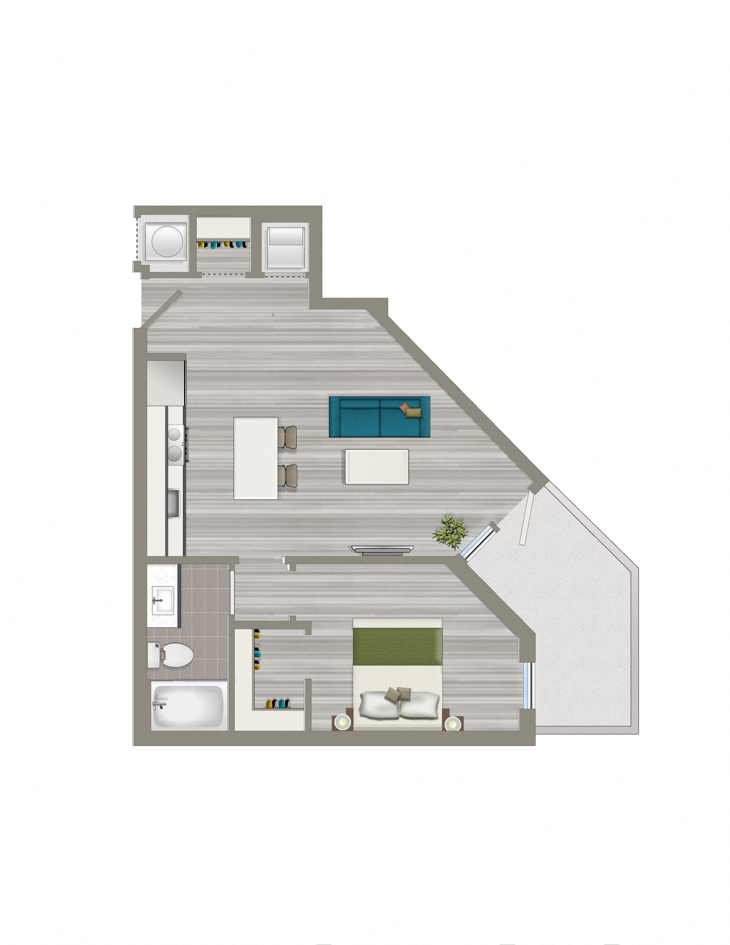 Floor plan for 1 bed, 1 bath, 647 sqft