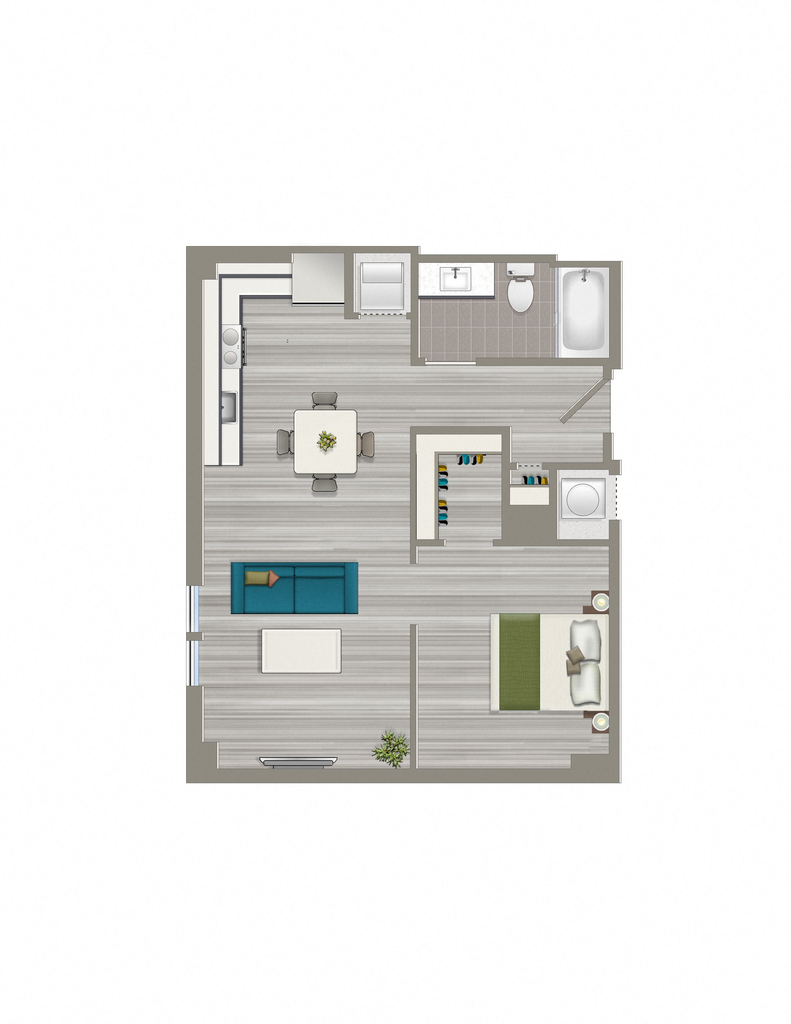 Floor plan for 1 bed, 1 bath, 638 sqft