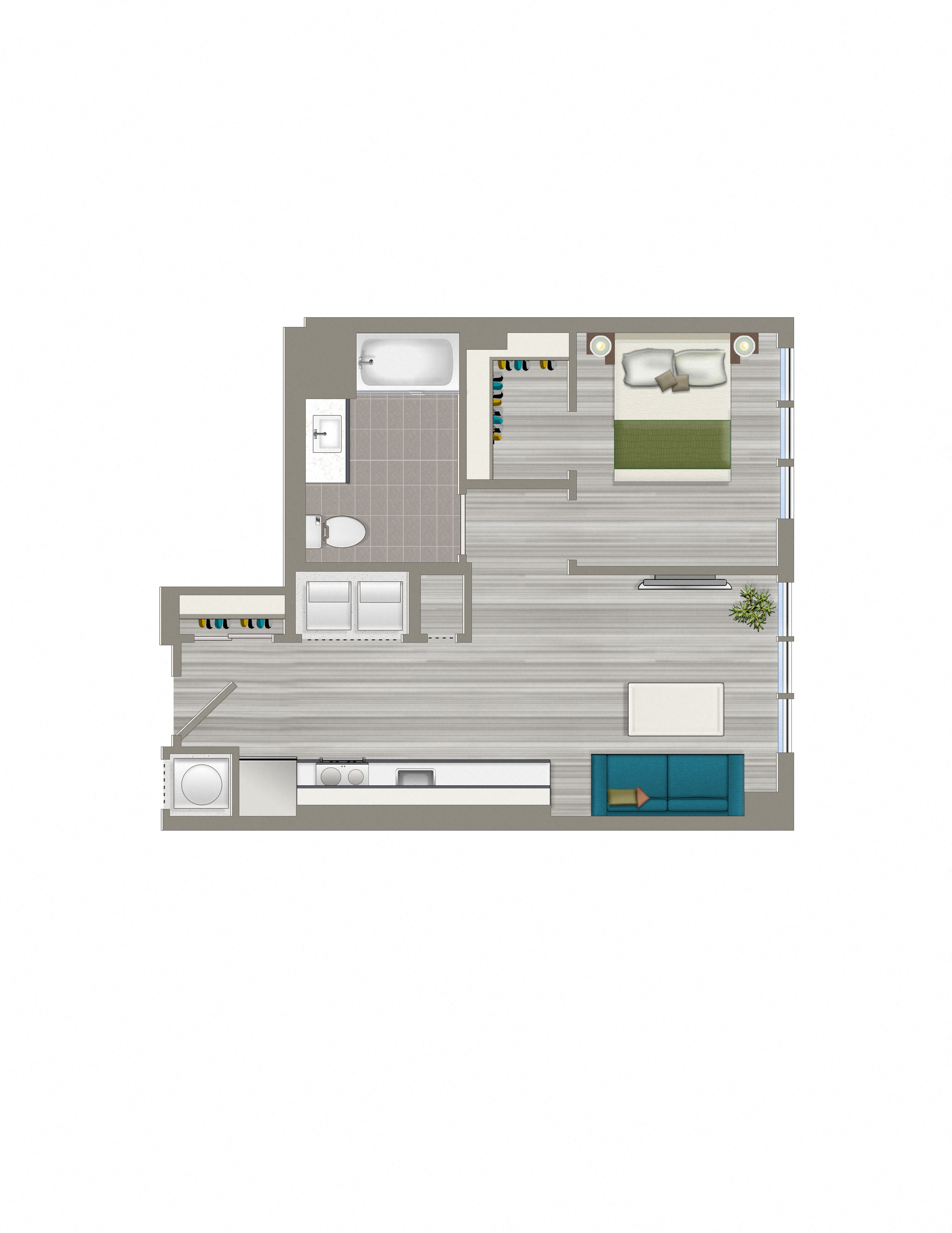 Floor plan for 1 bed, 1 bath, 681 sqft