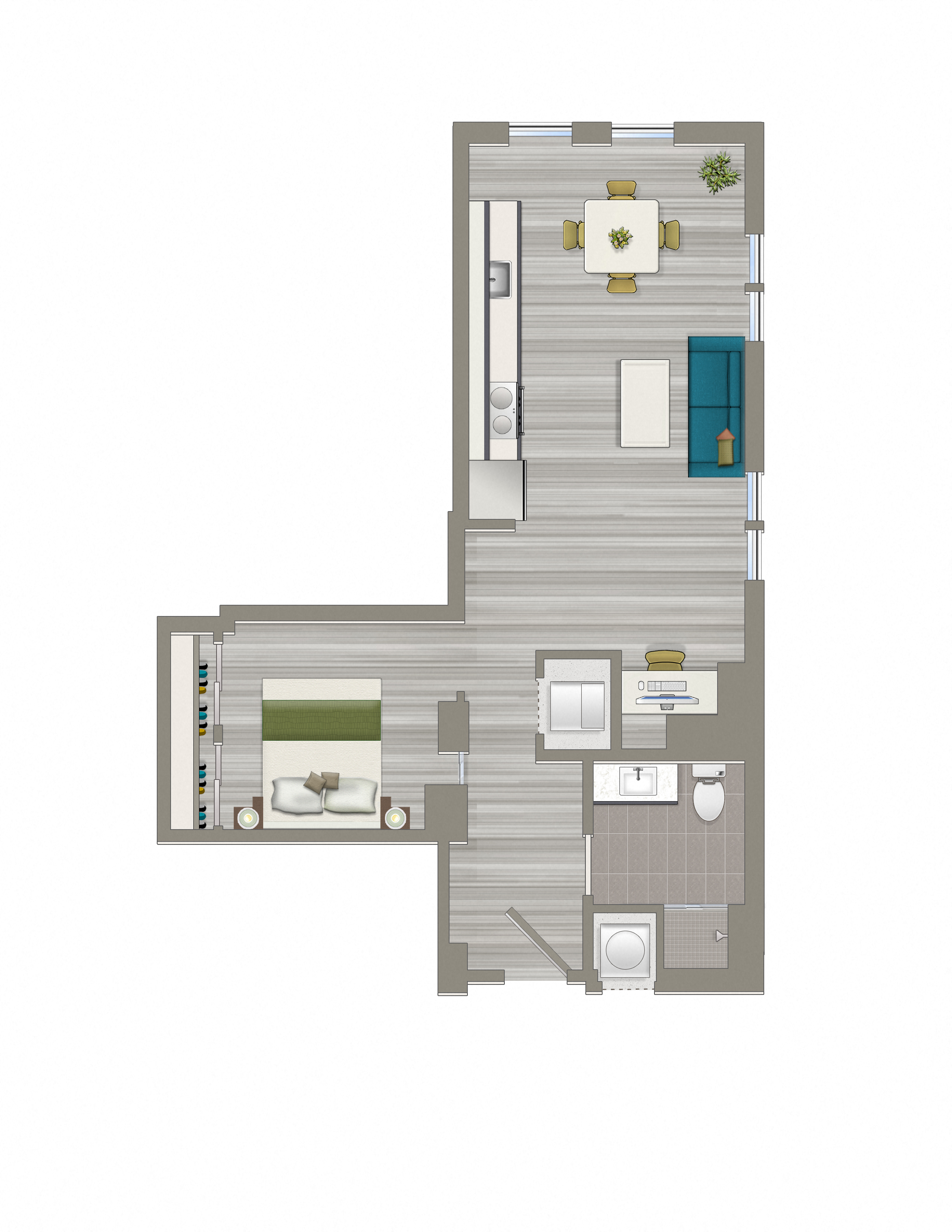 Floor plan for 1 bed, 1 bath, 670 sqft