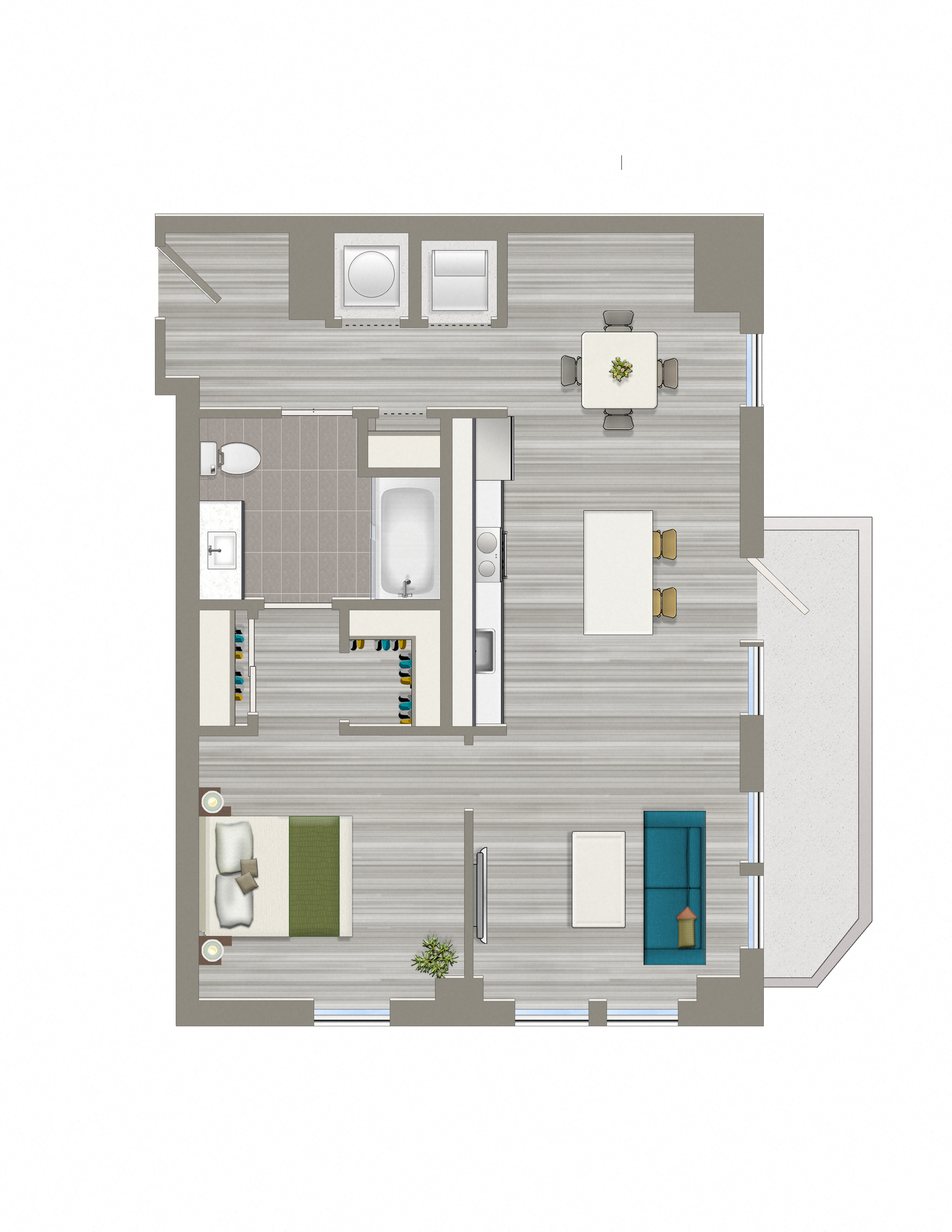 Floor plan for 1 bed, 1 bath, 711 sqft