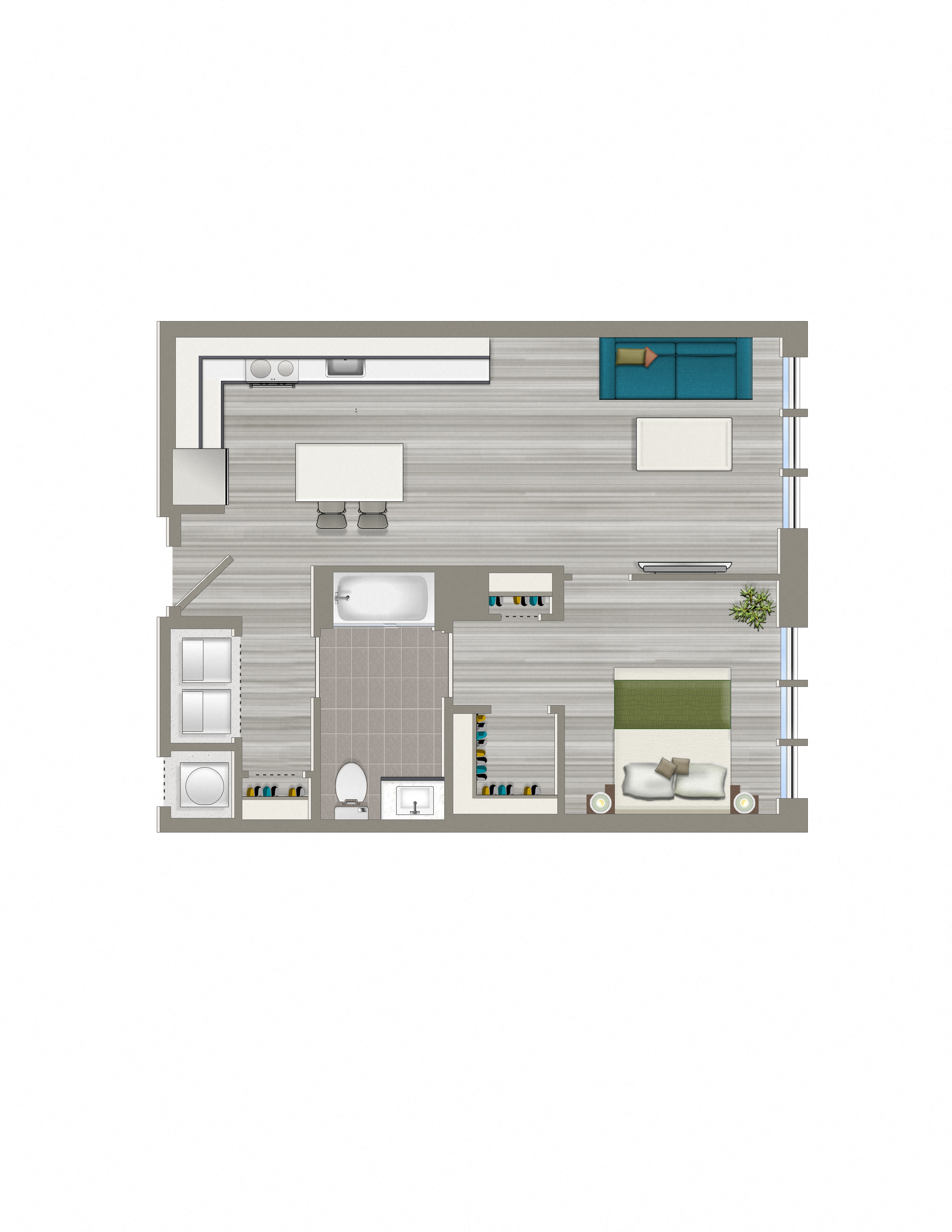 Floor plan for 1 bed, 1 bath, 760 sqft