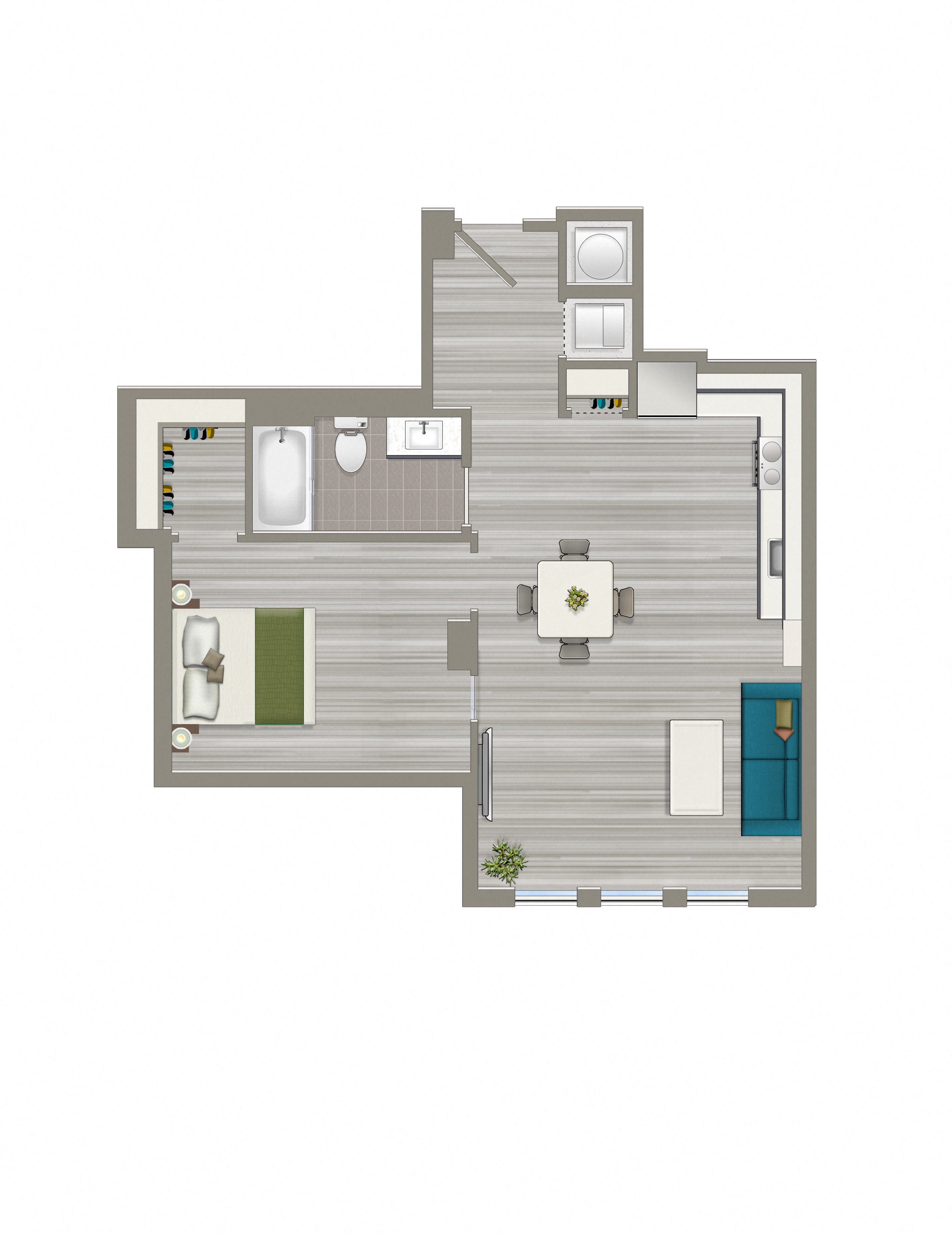 Floor plan for 1 bed, 1 bath, 722 sqft