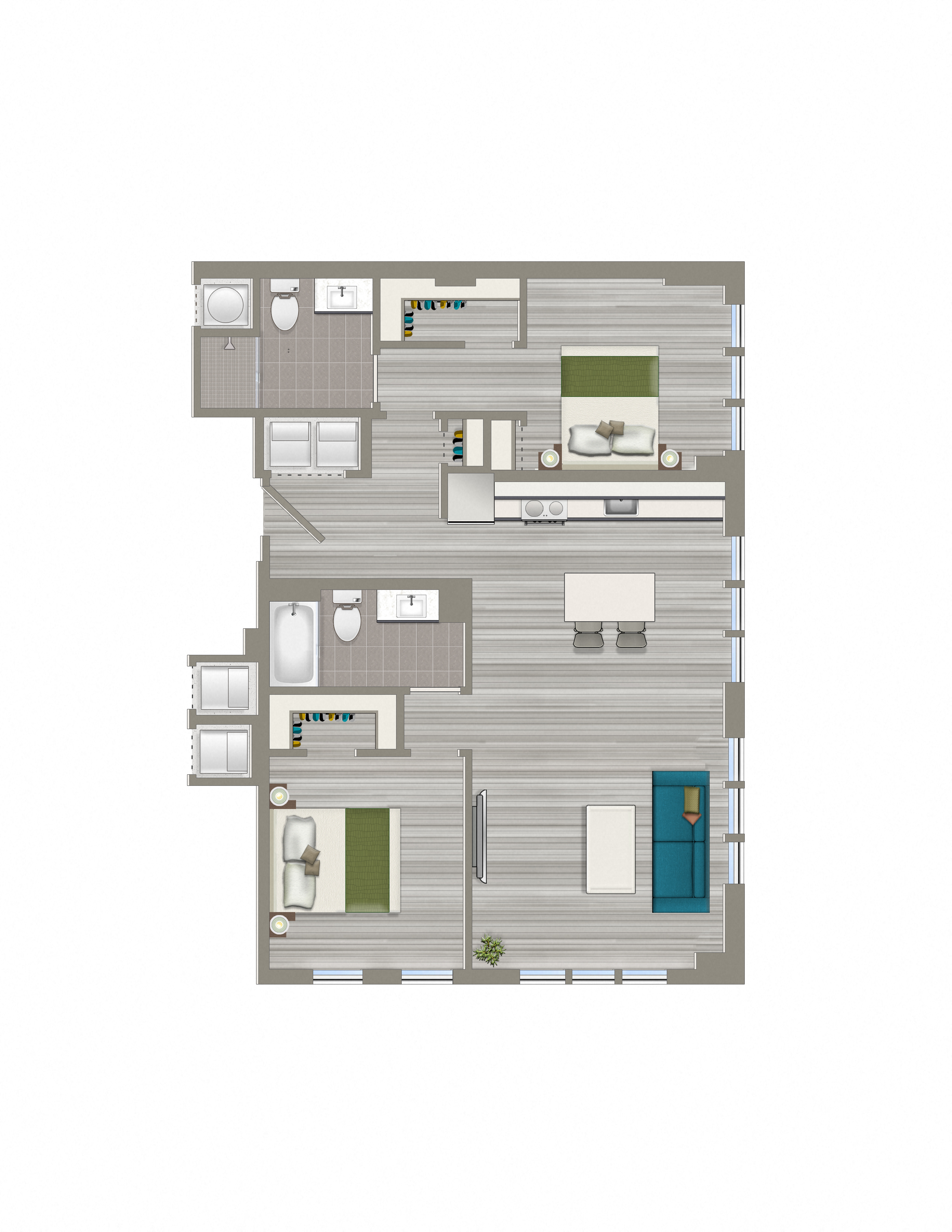 Floor plan for 2 beds, 2 baths, 1064 sqft