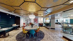 Washington apartment for rent - a dining room with colorful chairs and a table