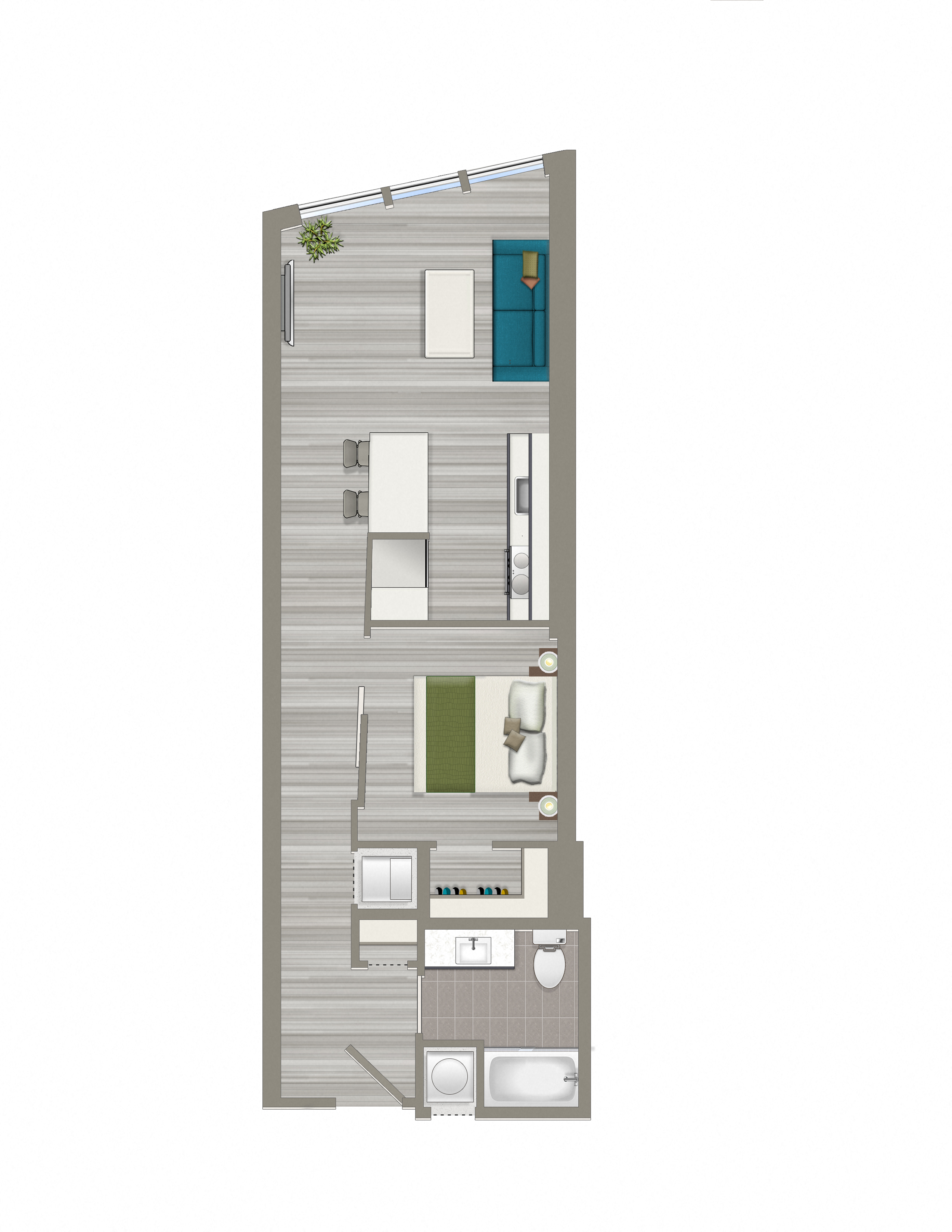 Floor plan for 1 bed, 1 bath, 613 sqft