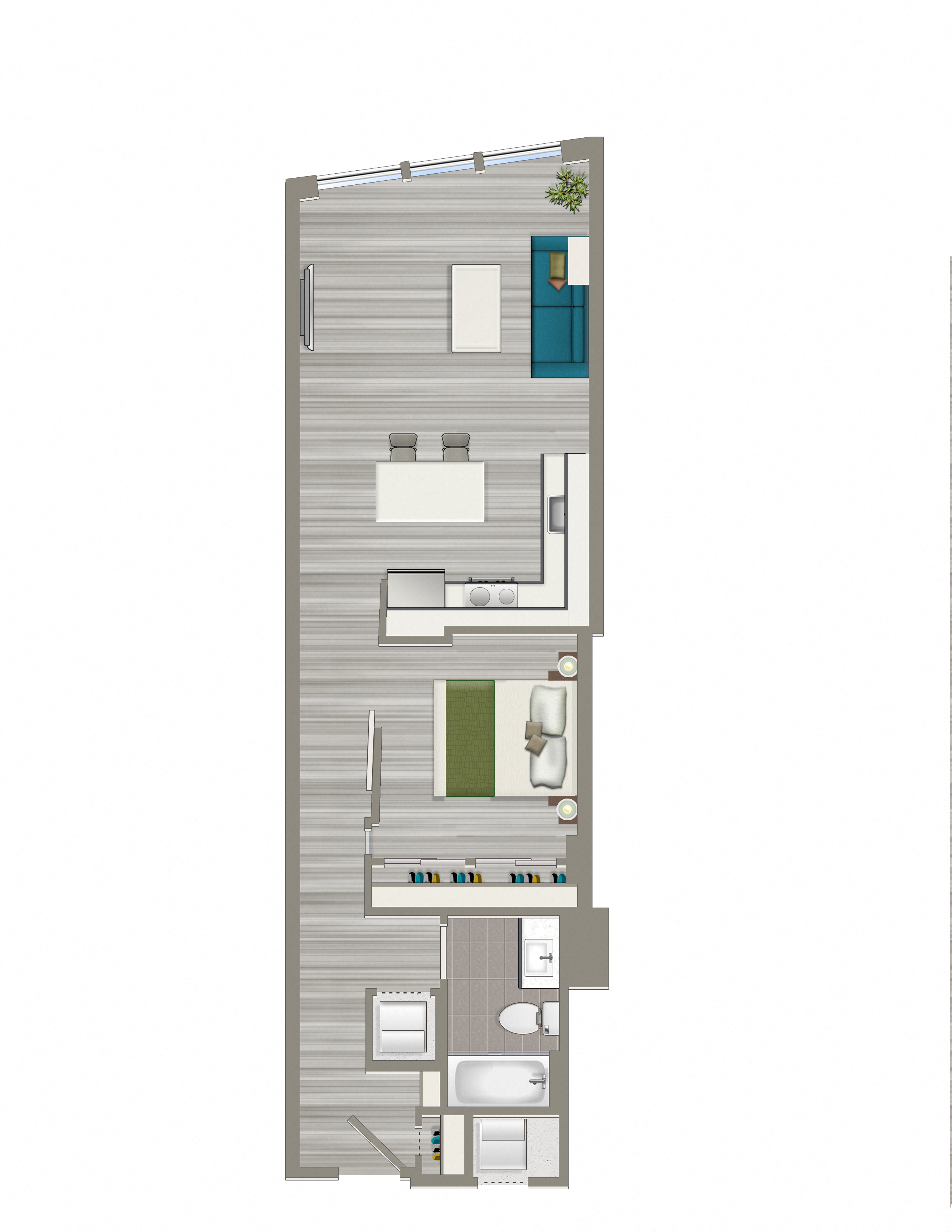 Floor plan for 1 bed, 1 bath, 681 sqft