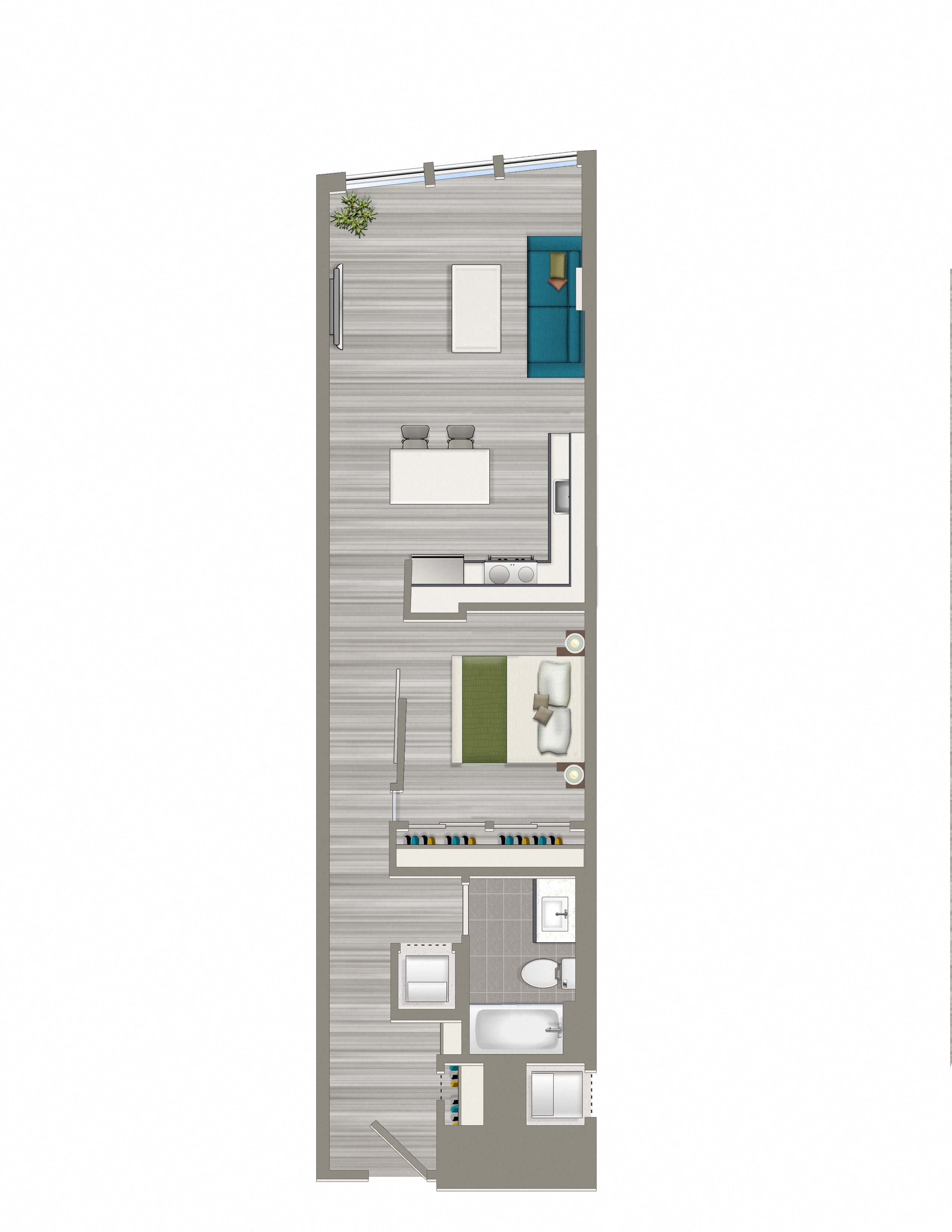 Floor plan for 1 bed, 1 bath, 691 sqft