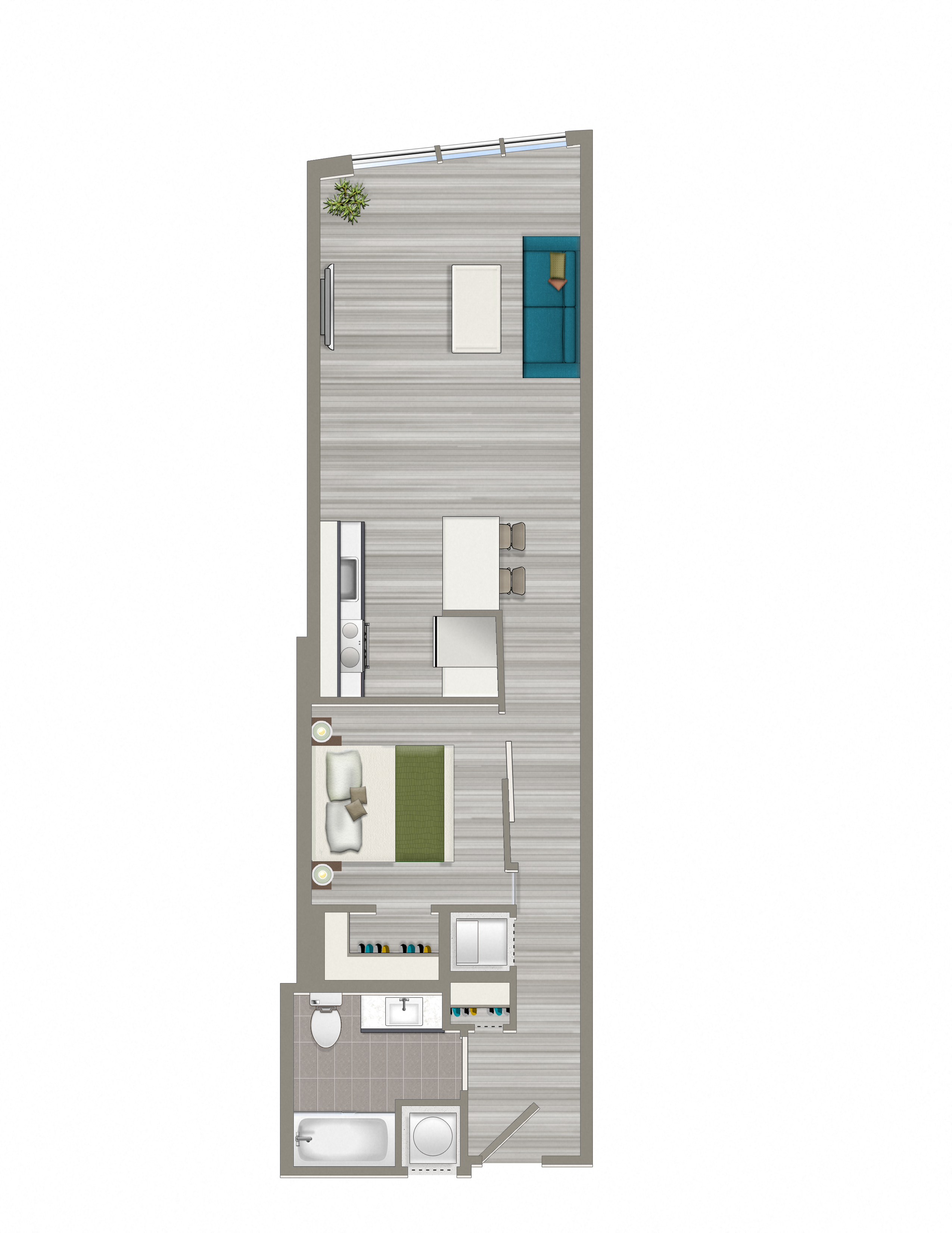 Floor plan for 1 bed, 1 bath, 697 sqft