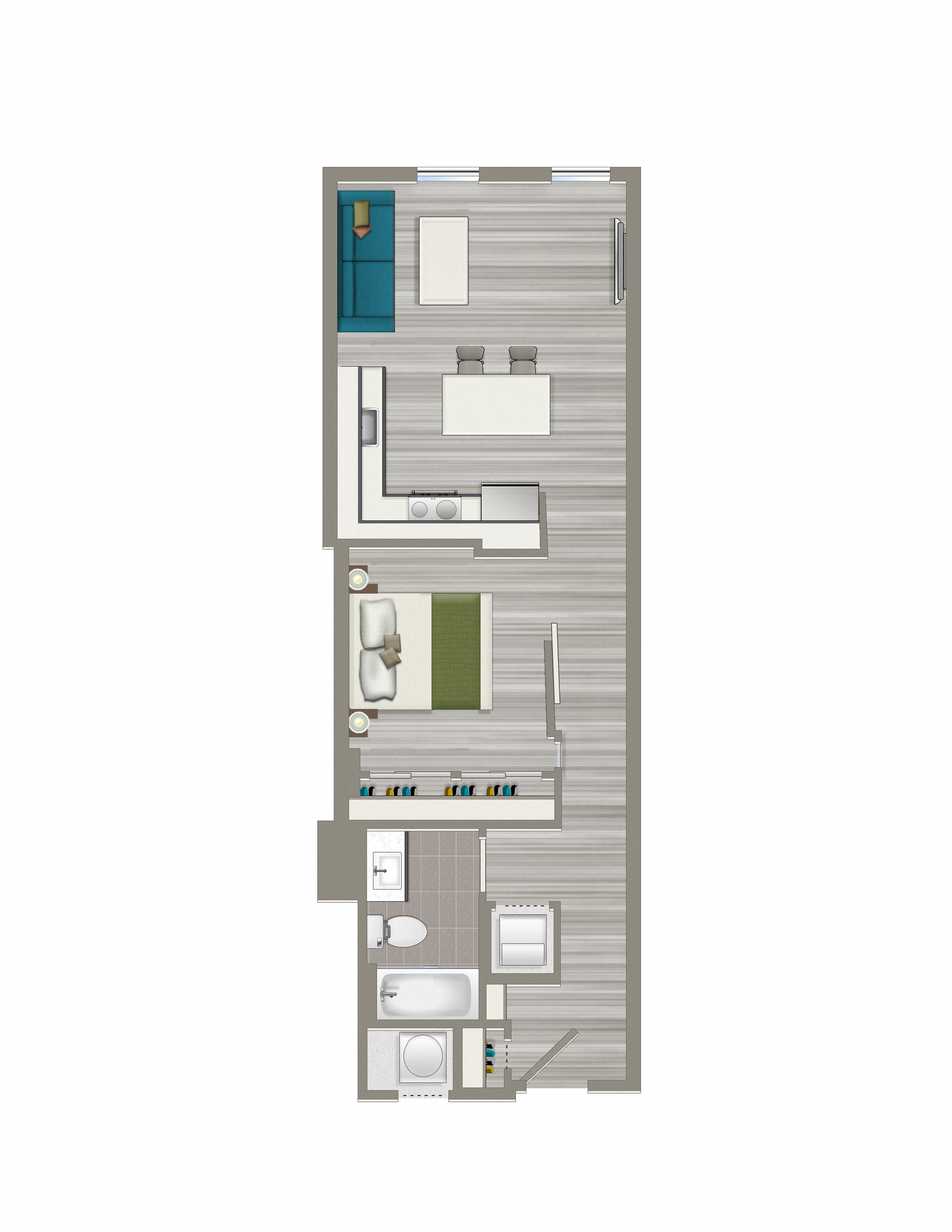 Floor plan for 1 bed, 1 bath, 645 sqft