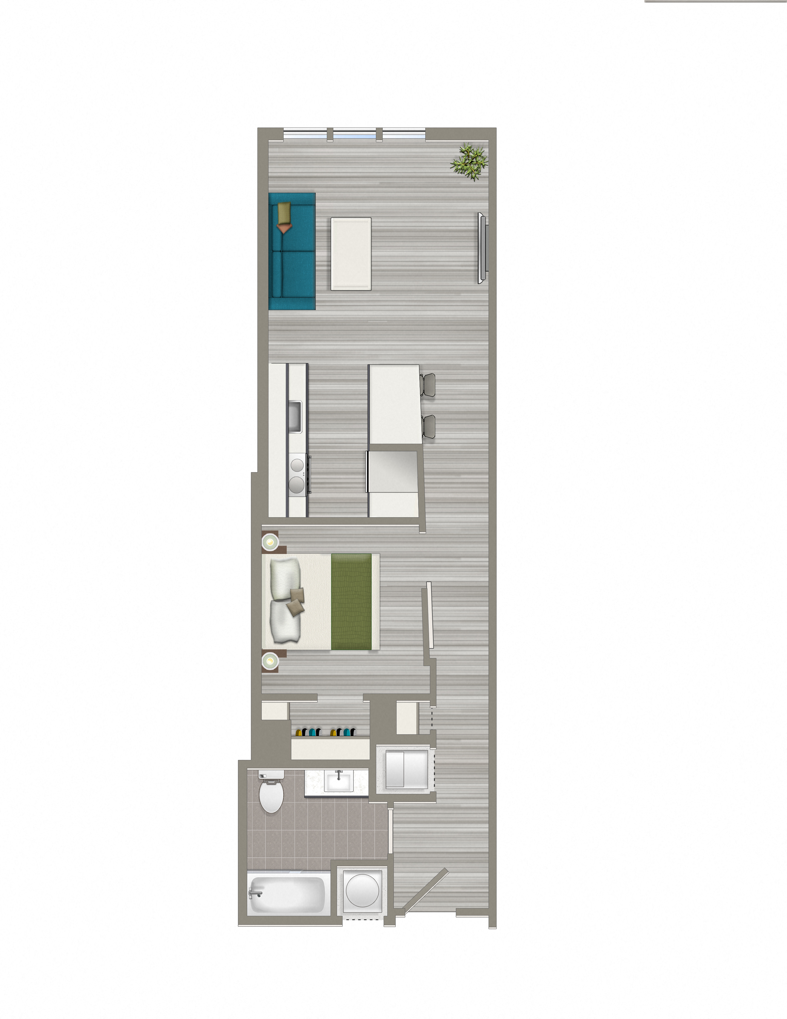 Floor plan for 1 bed, 1 bath, 632 sqft