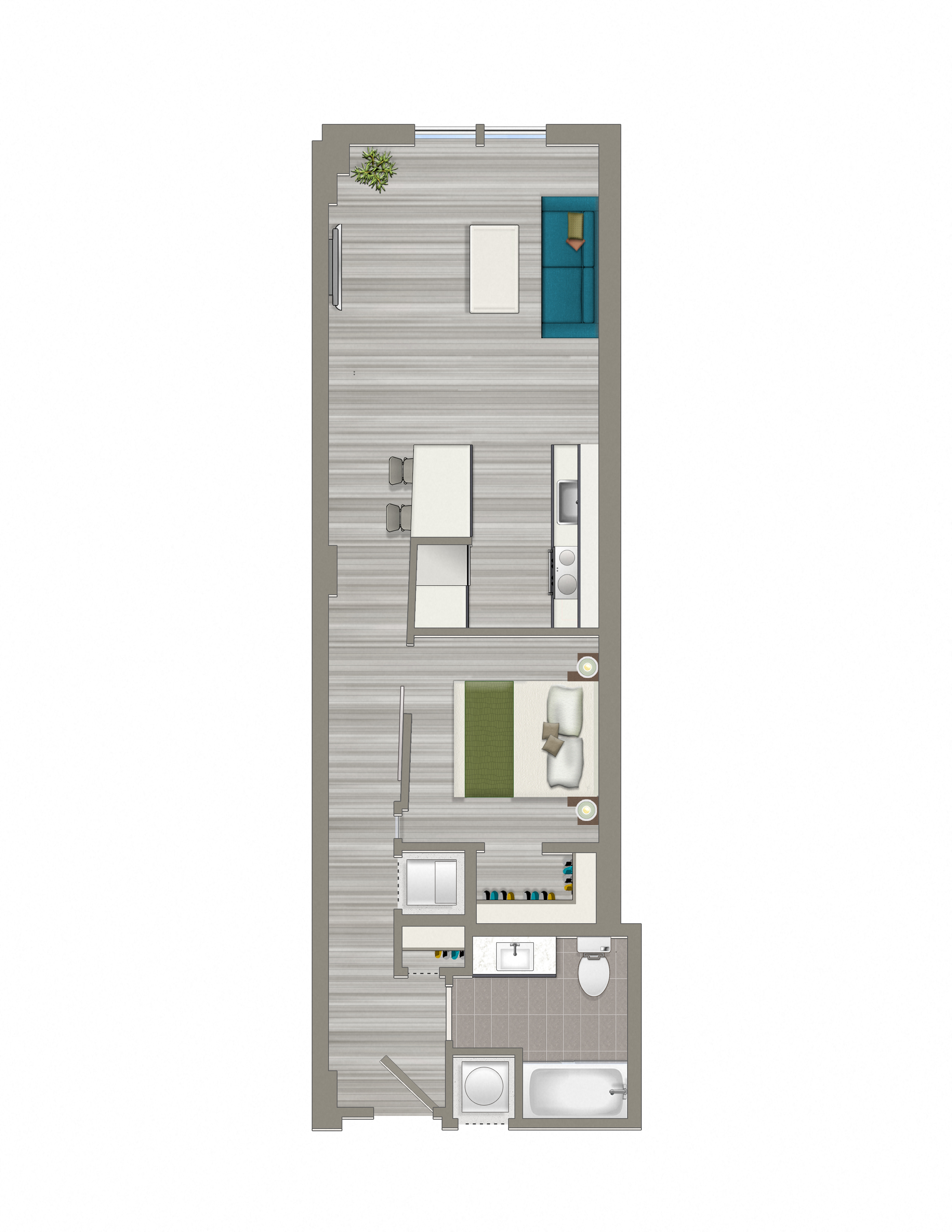 Floor plan for 1 bed, 1 bath, 647 sqft