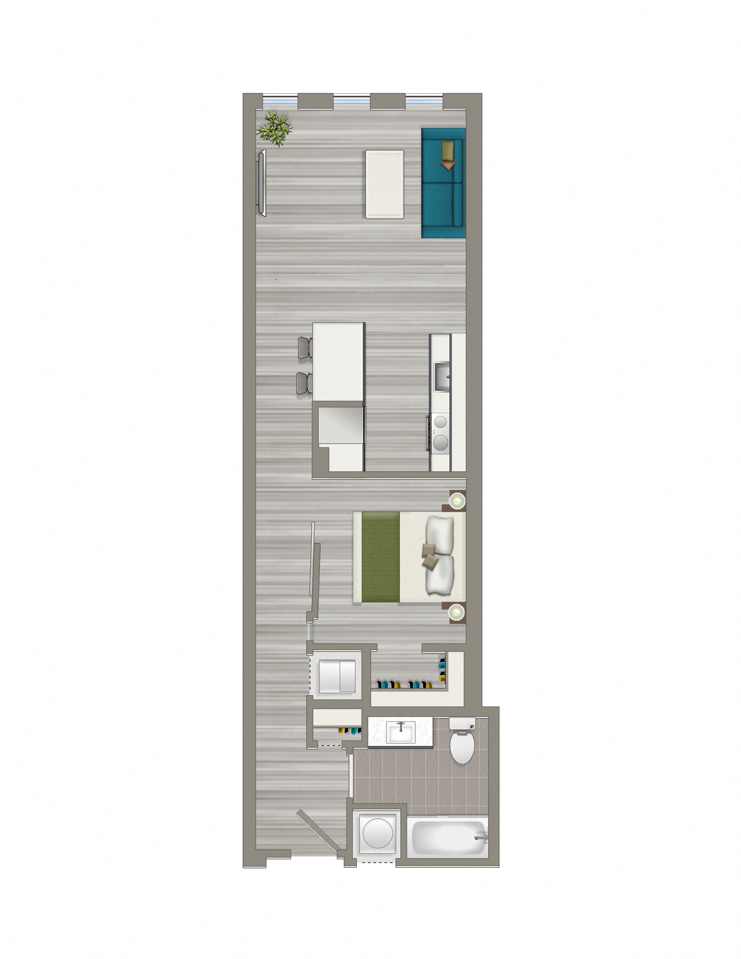 Floor plan for 1 bed, 1 bath, 636 sqft
