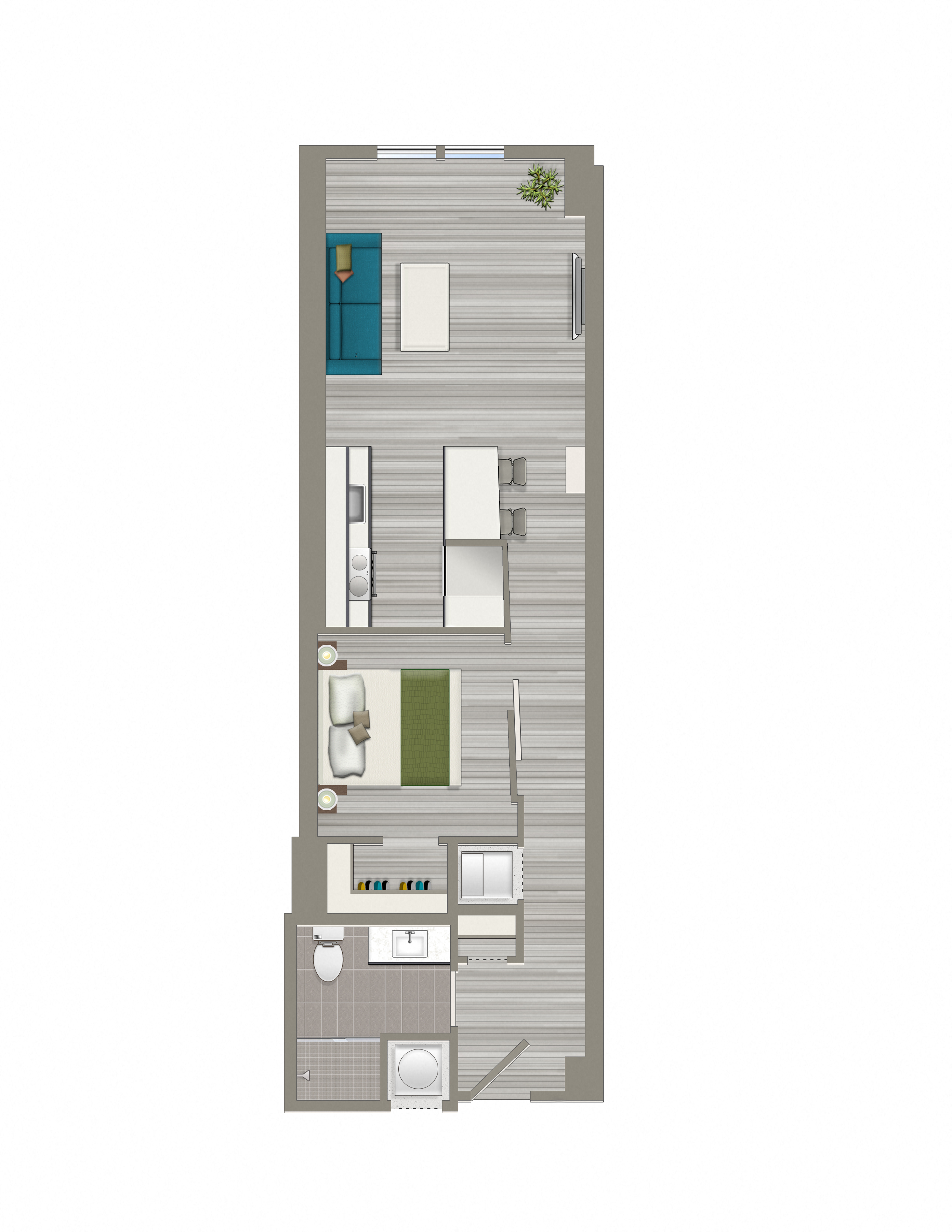 Floor plan for 1 bed, 1 bath, 636 sqft