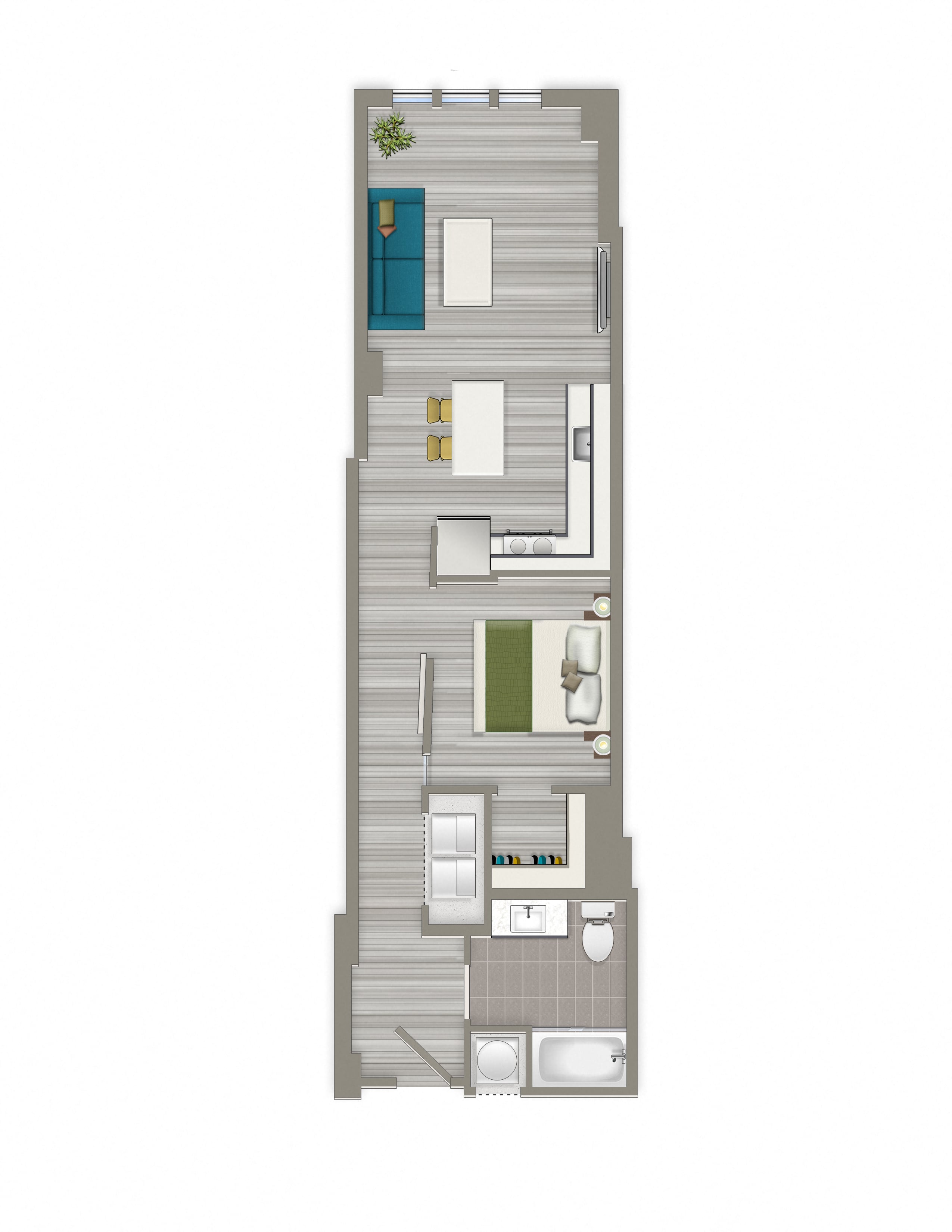 Floor plan for 1 bed, 1 bath, 735 sqft