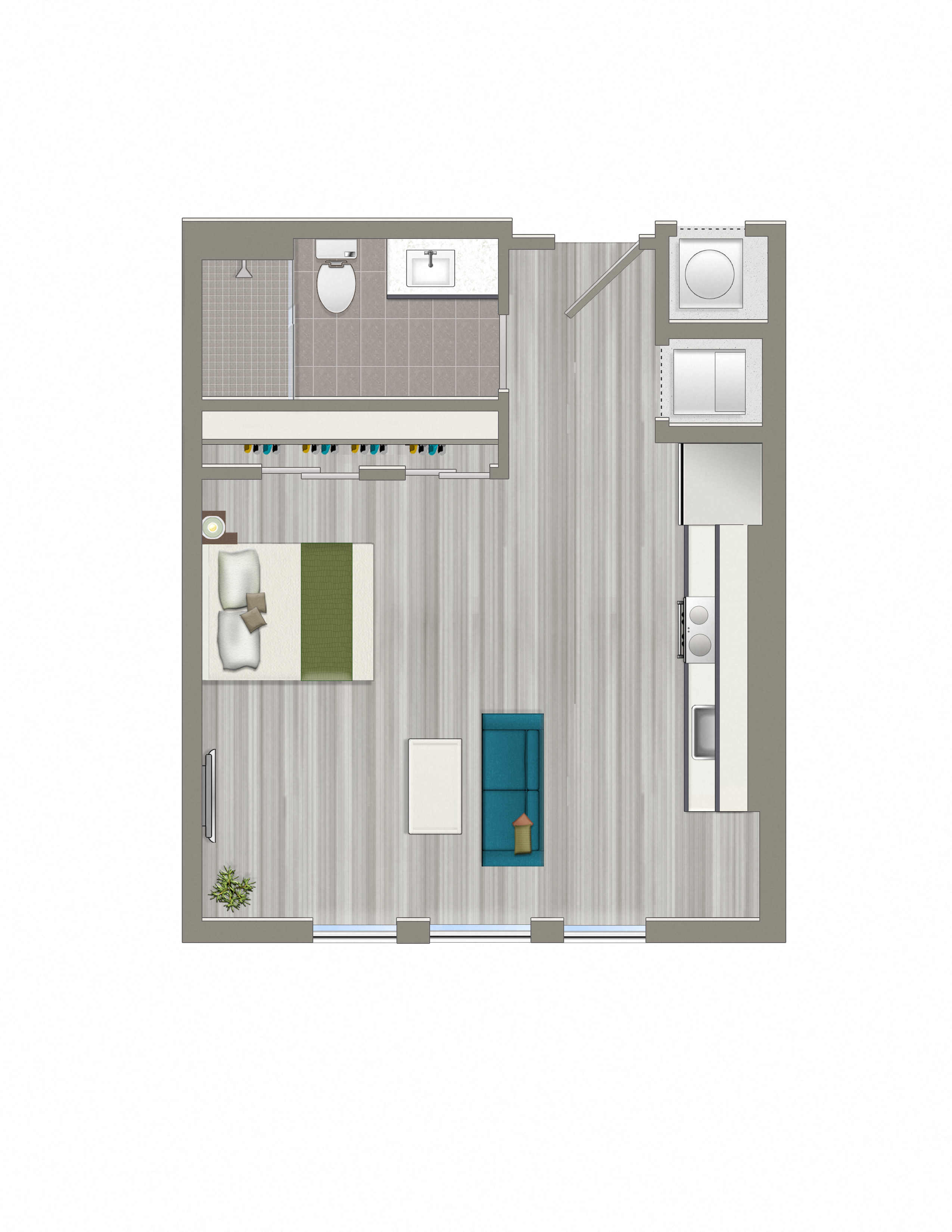 Floor plan for studio, 1 bath, 490 sqft