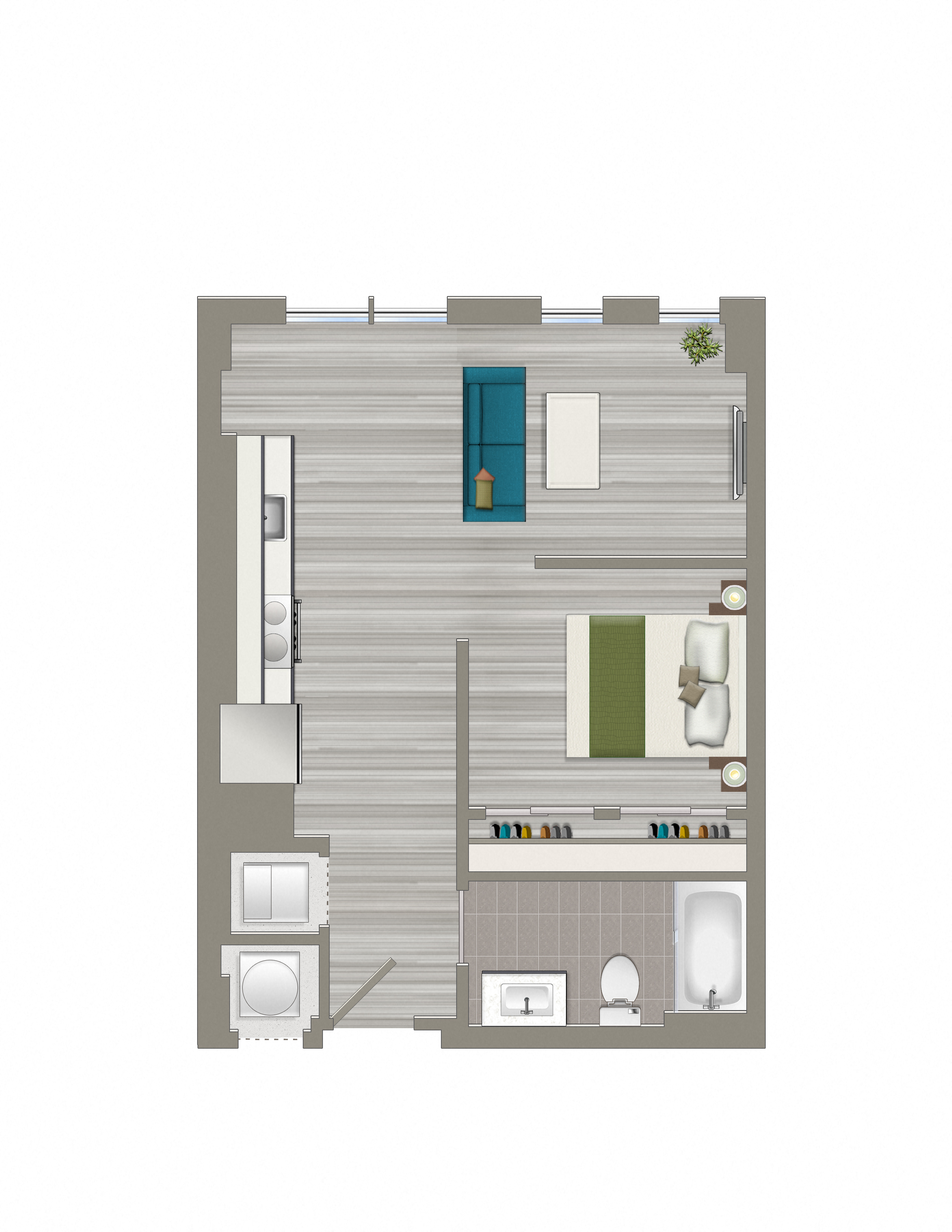 Floor plan for studio, 1 bath, 534 sqft