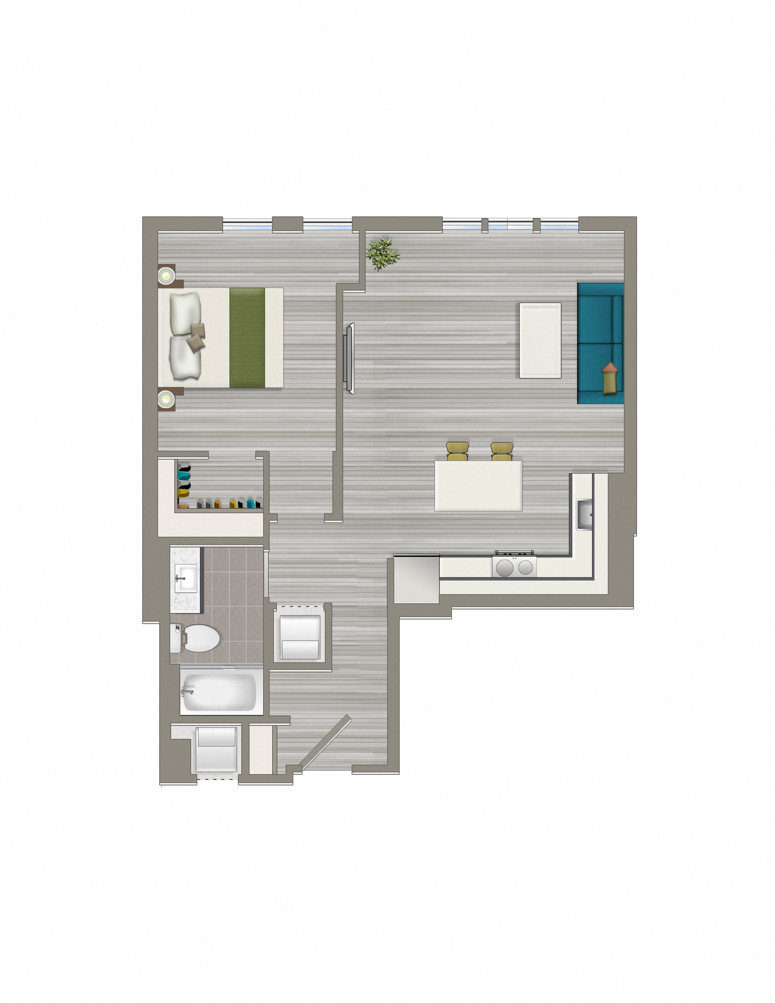 Floor plan for 1 bed, 1 bath, 748 sqft