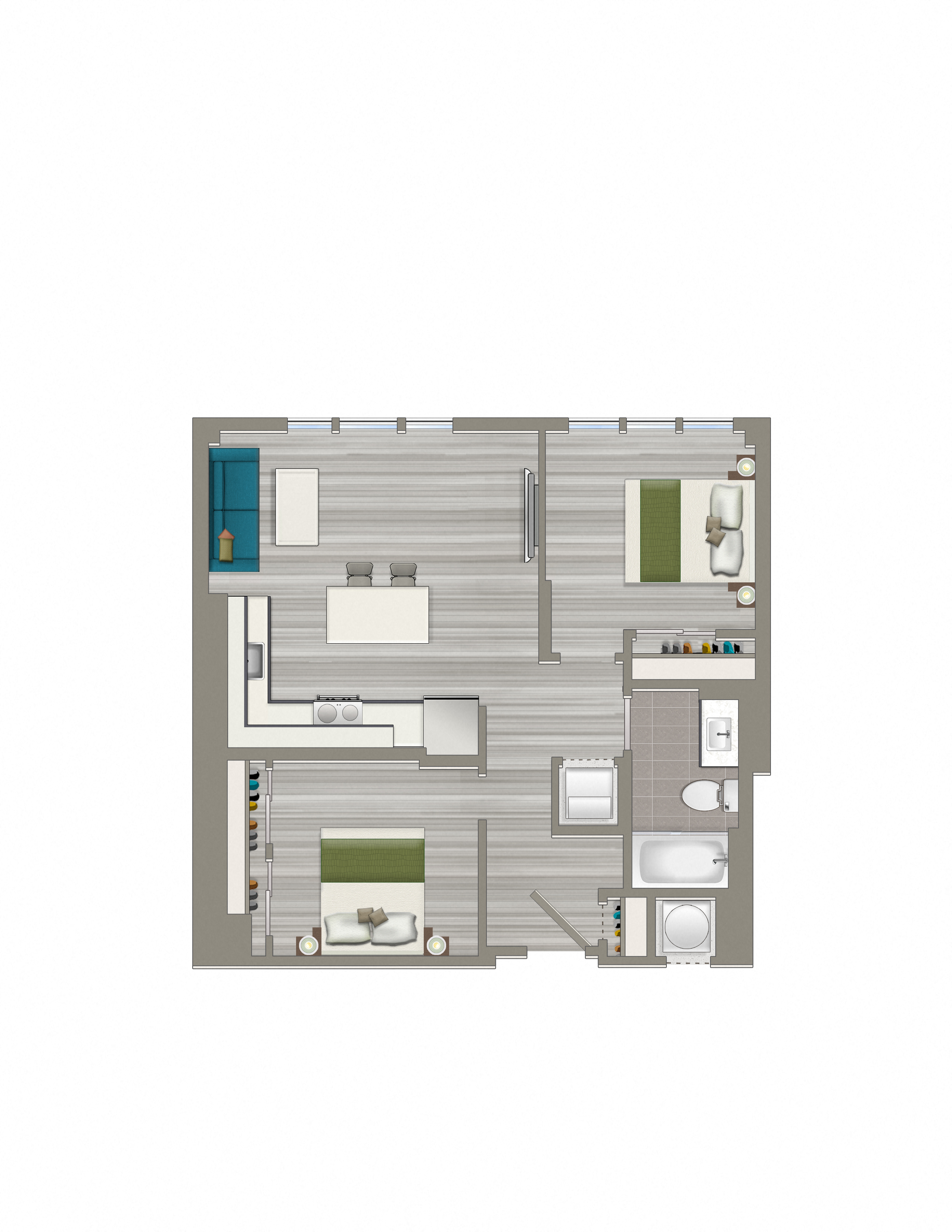 Floor plan for 2 beds, 1 bath, 730 sqft