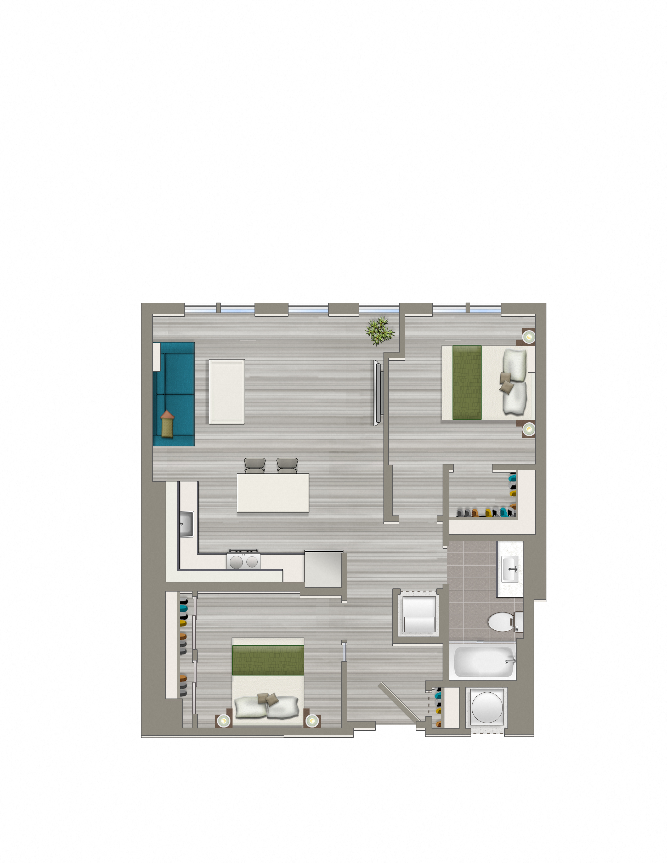 Floor plan for 2 beds, 1 bath, 872 sqft