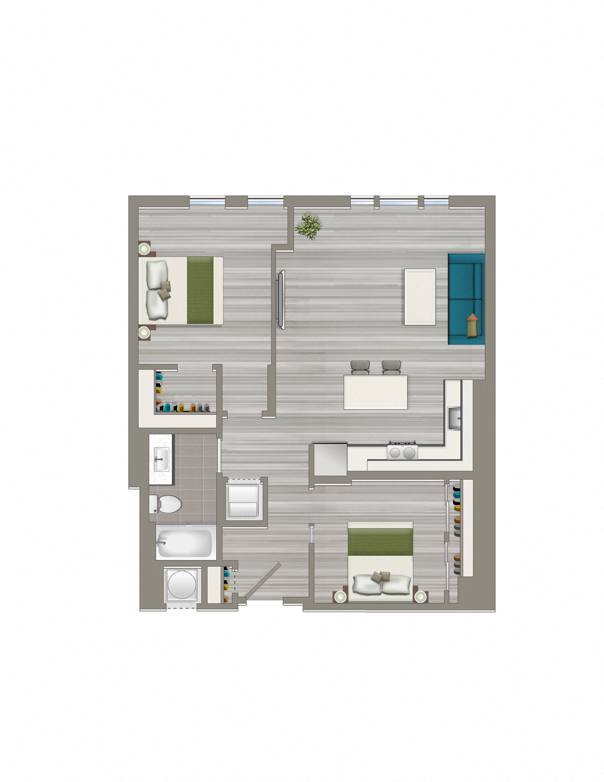 Floor plan for 2 beds, 1 bath, 891 sqft