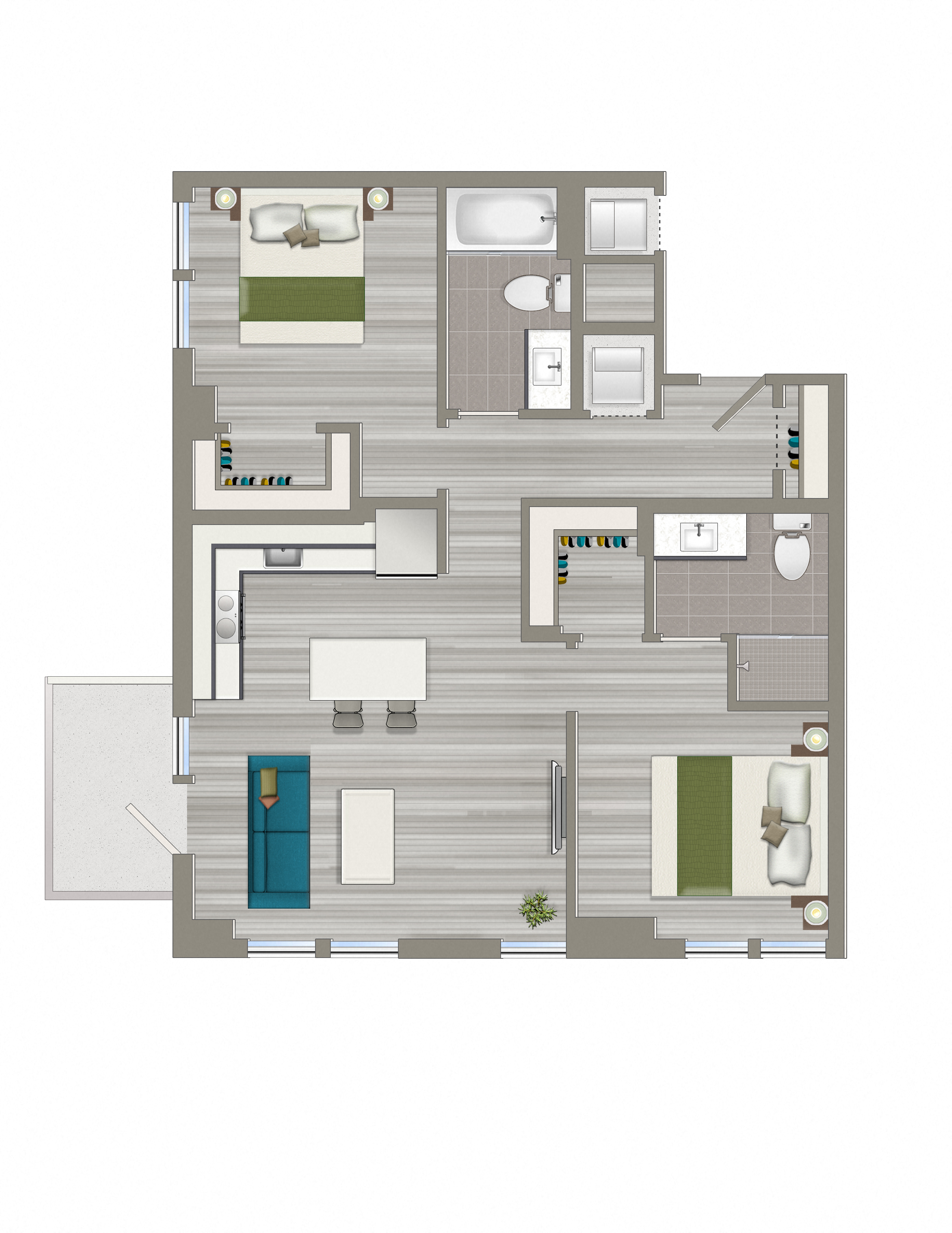 Floor plan for 2 beds, 2 baths, 882 sqft