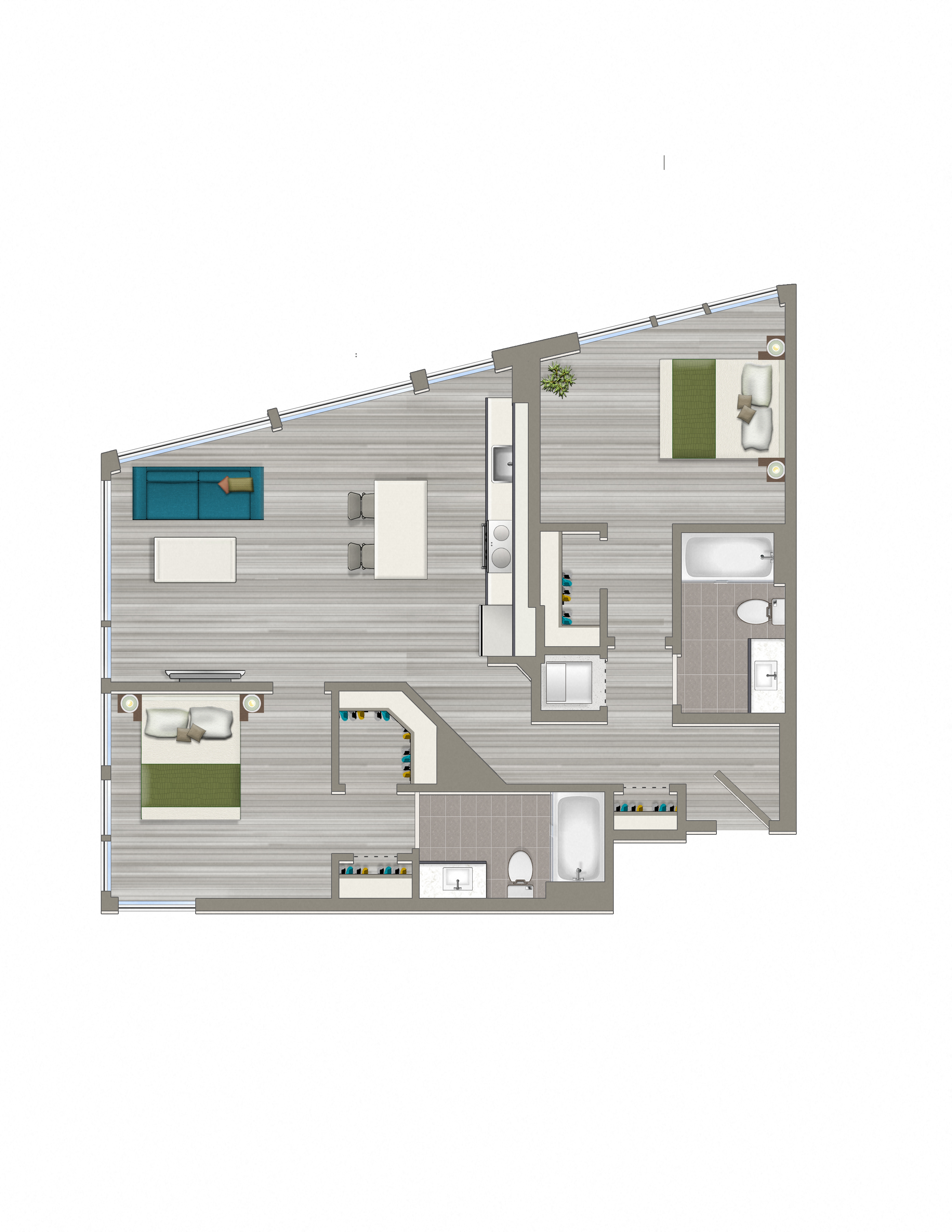 Floor plan for 2 beds, 2 baths, 982 sqft