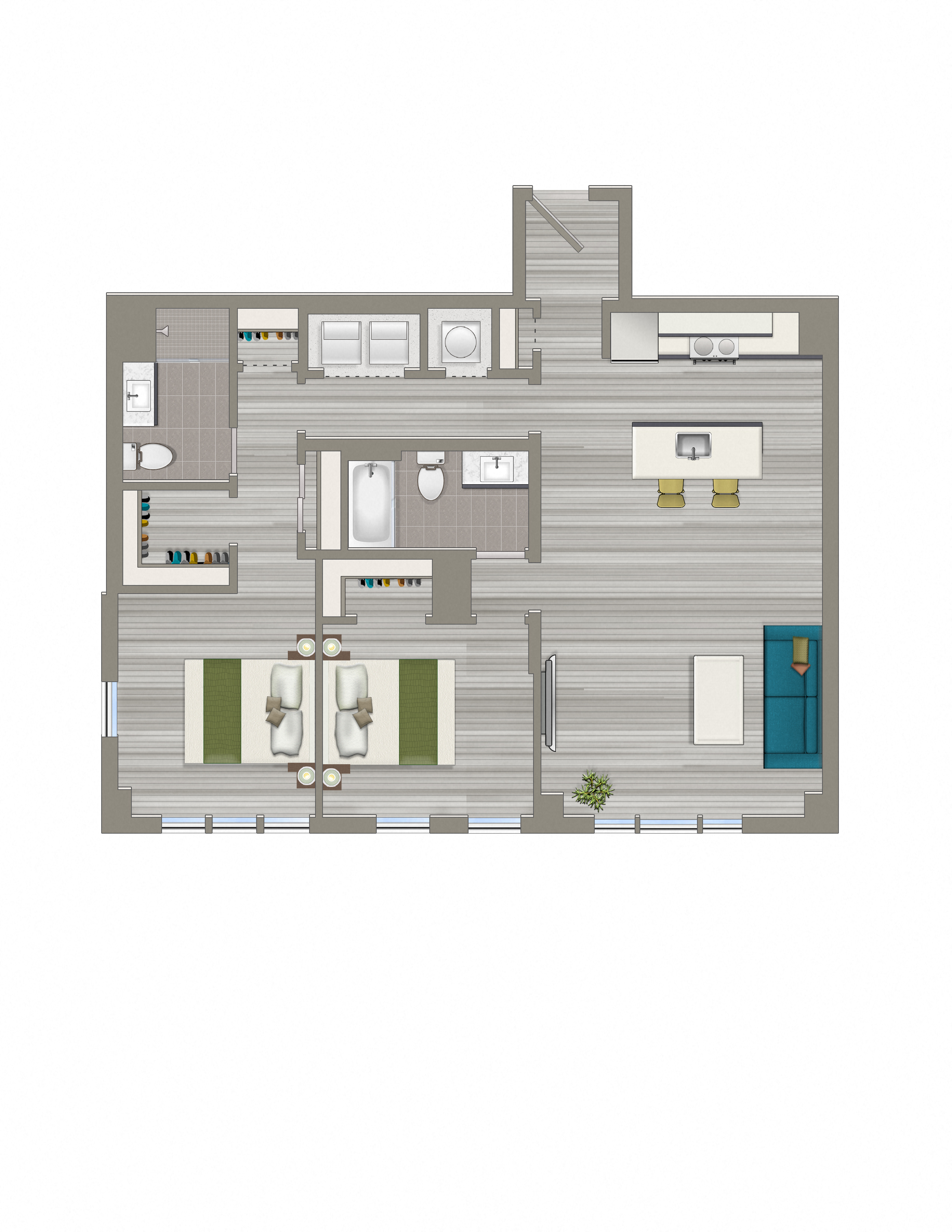 Floor plan for 2 beds, 2 baths, 1165 sqft