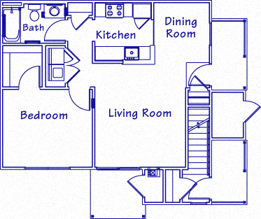 Floor plan for 1 bed, 1 bath, 653 sqft
