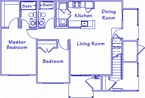 Floor plan for 2 beds, 2 baths, 888 sqft