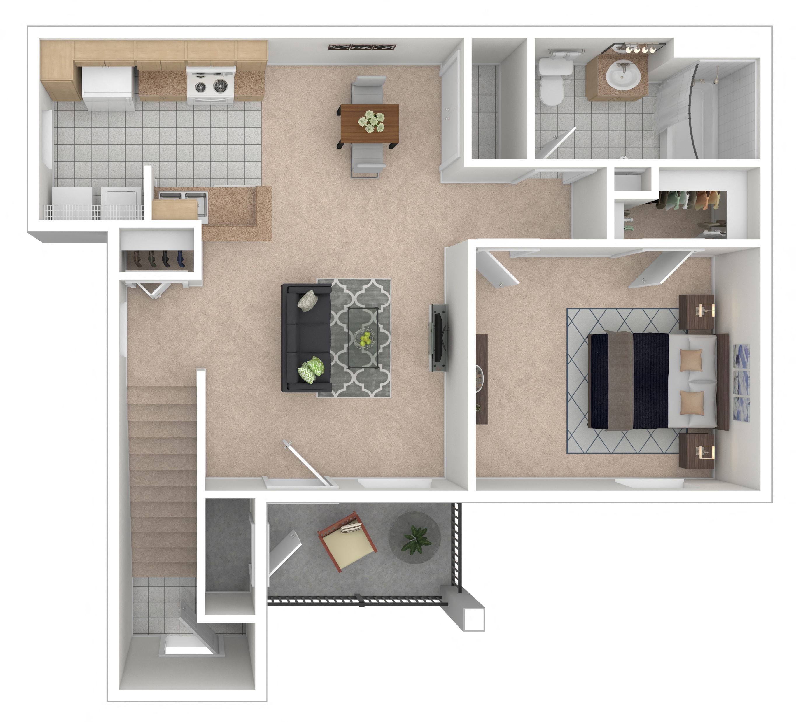 Floor plan for 1 bed, 1 bath, 734 sqft